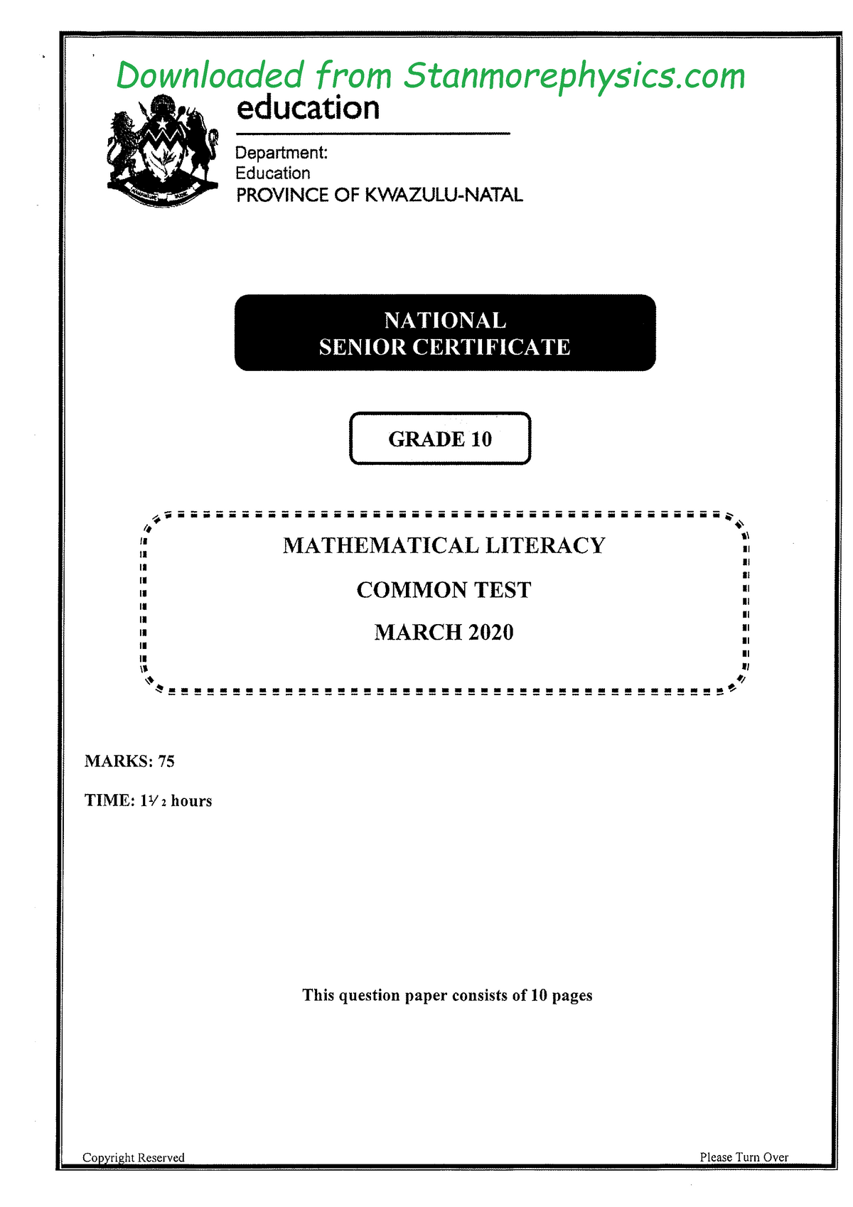 Maths Lit Grade 10 March 2020 1 Downloaded From Stanmorephysics 