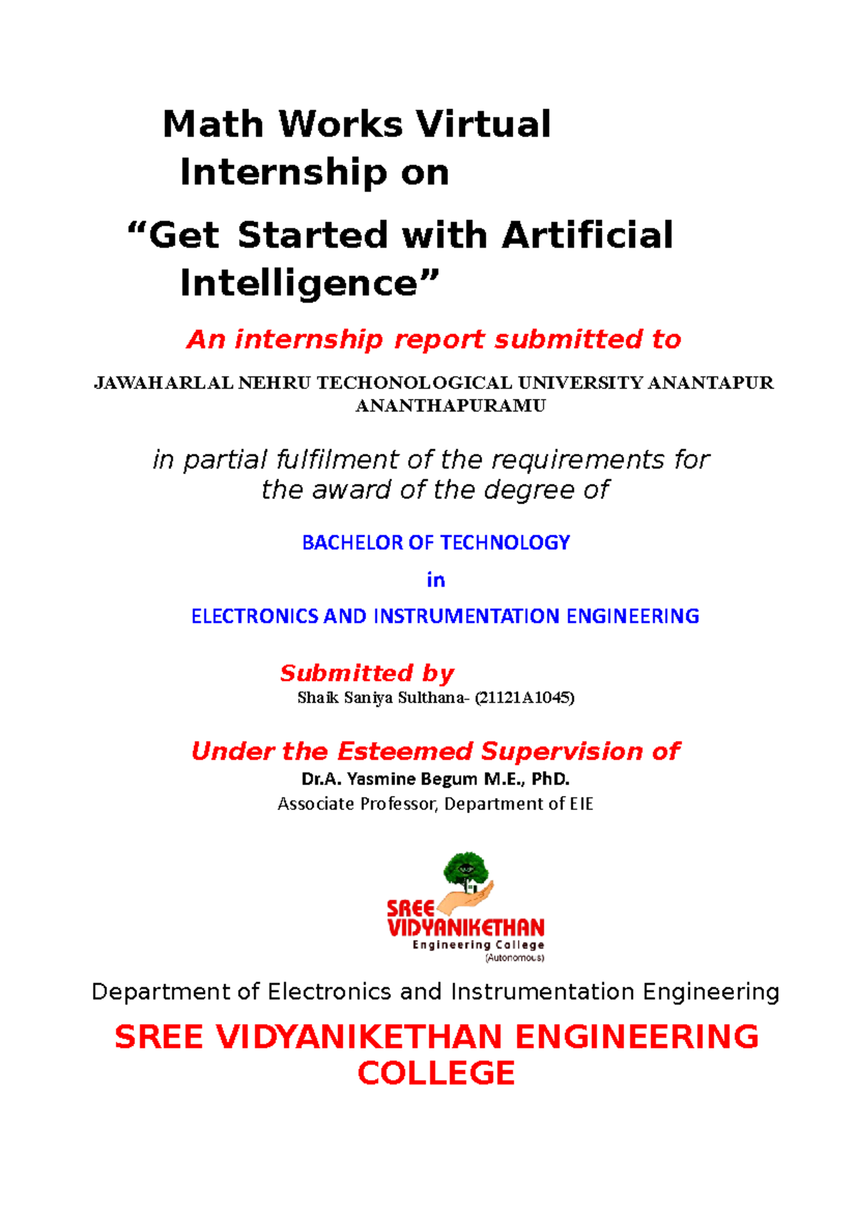 Report Mathworks Harini Tonpe - Math Works Virtual Internship On “Get ...