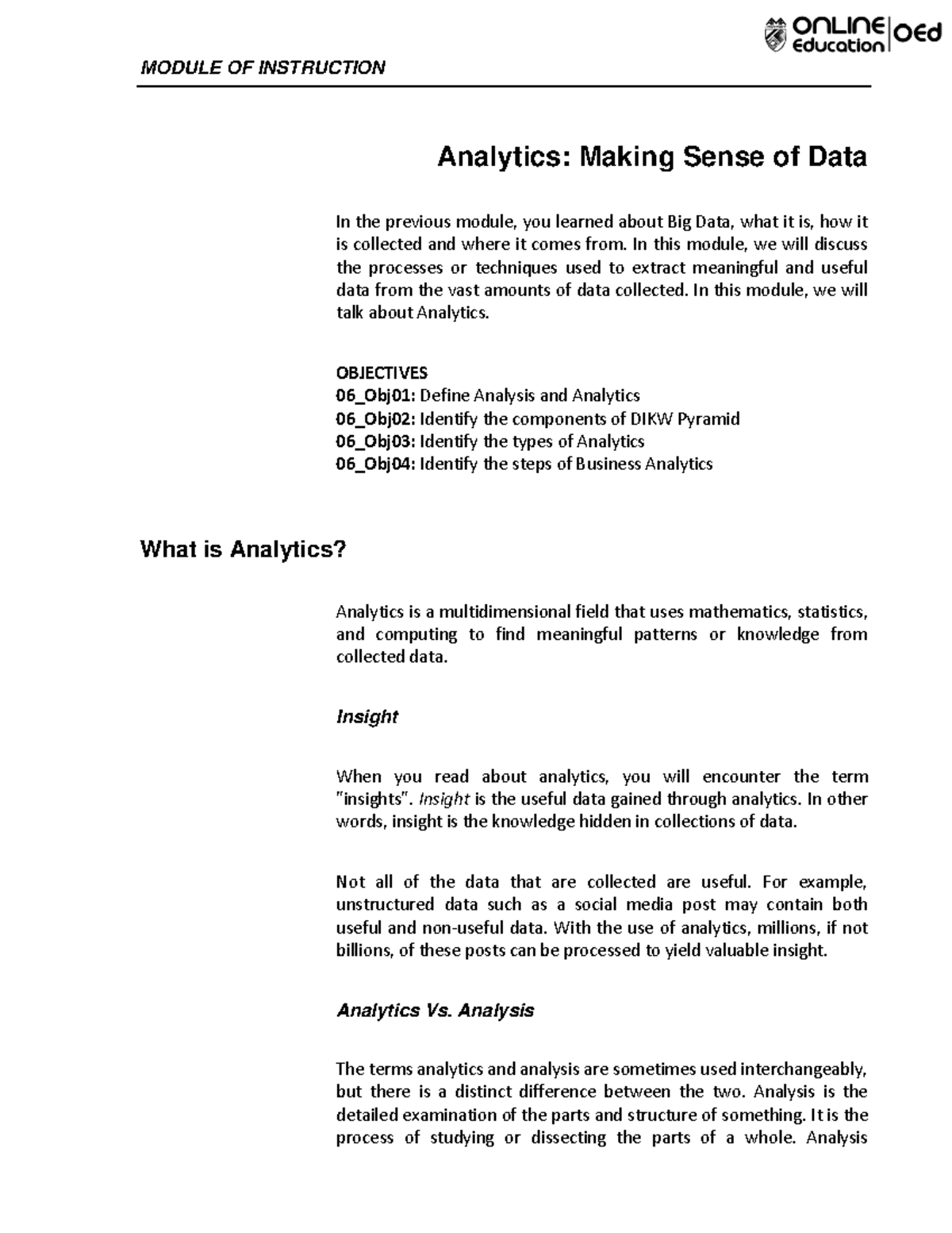 Content 8 - IOT - MODULE OF INSTRUCTION Analytics: Making Sense of Data ...