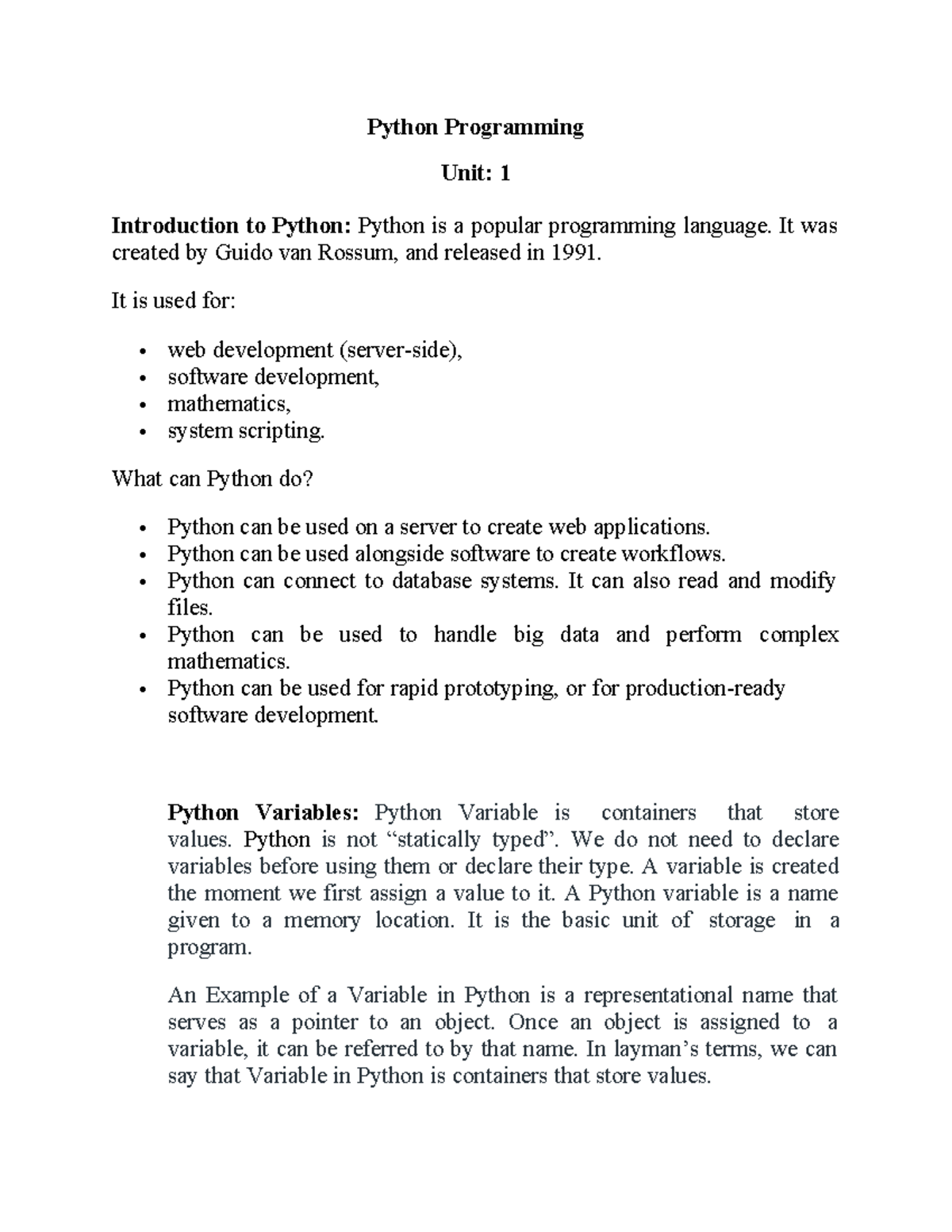 DOC-20241107-WA0016 - Provide notes - Python Programming Unit: 1 ...