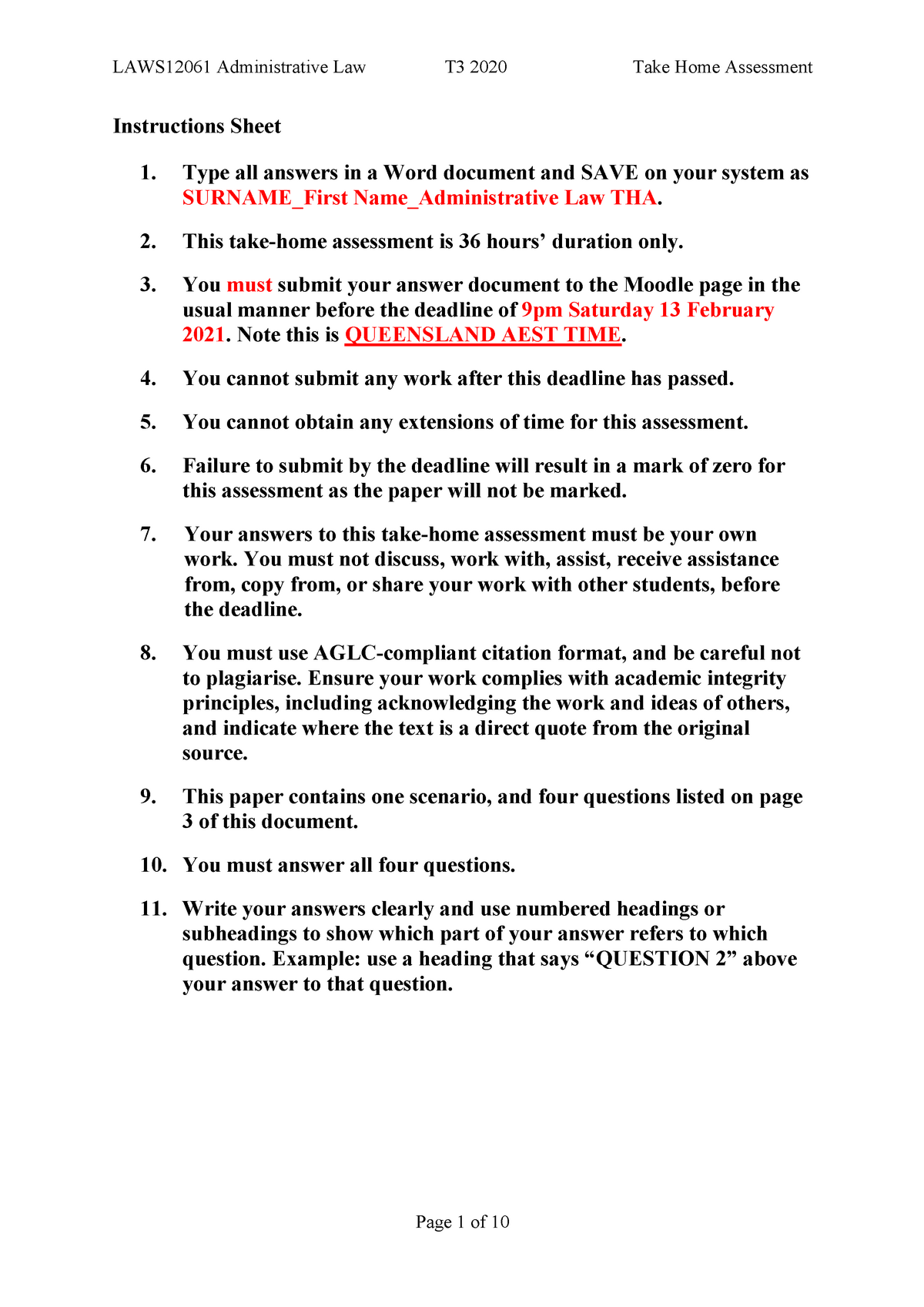 Administrative Law- Take Home Assessment - Instructions Sheet 1. Type ...