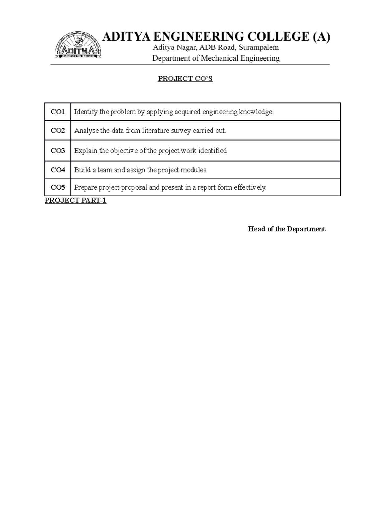 AR19 project COs - PROJECT CO’S CO1 Identify the problem by applying ...