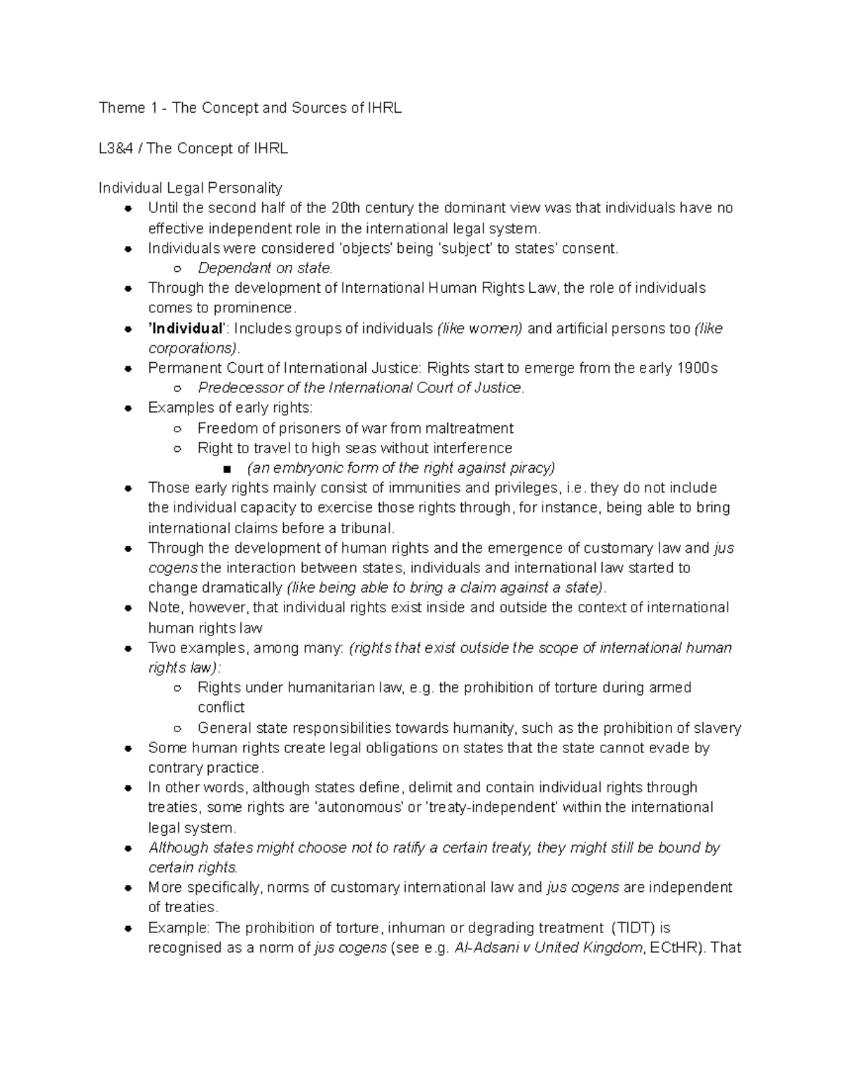 Theme 1 - The Concept and Sources of IHRL - Individuals were considered ...