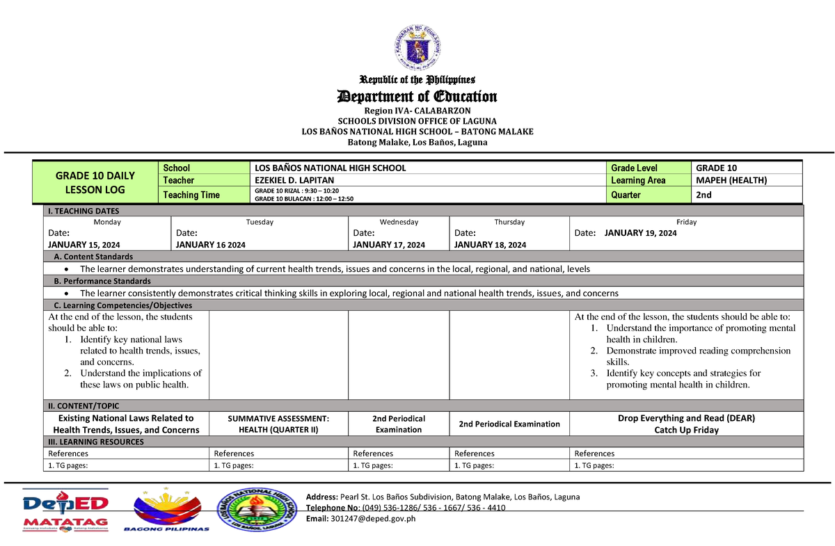 Mapeh 10 Dll - Quarter 2 Health - Republic Of The Philippines 