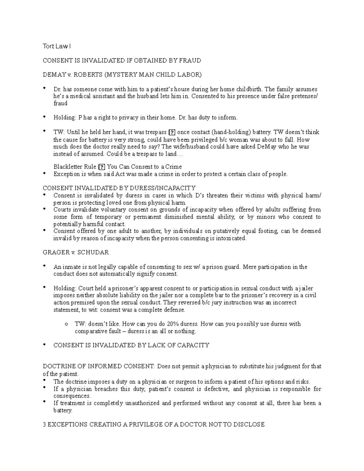 Consent Exceptions Lecture notes 2 Tort Law I CONSENT IS