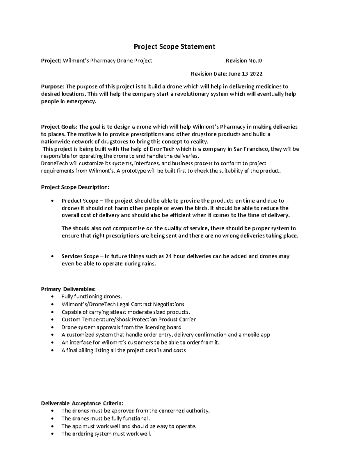 Project Scope Statement (2 - Project Scope Statement Project: Wilmont’s ...