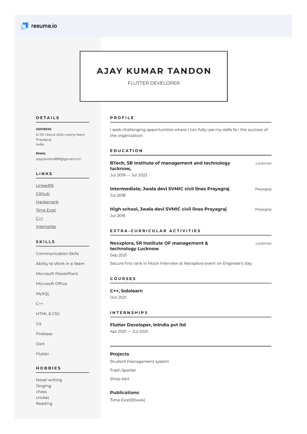 Ajay Tandon – Flutter Developer · Resume - B.tech - Studocu