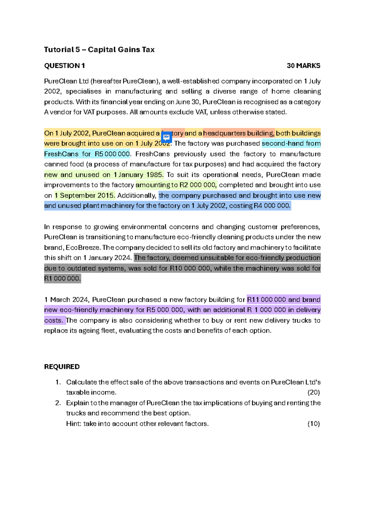Tutorial 5 - CGT. edited - Tutorial 5 – Capital Gains Tax QUESTION 1 3 ...