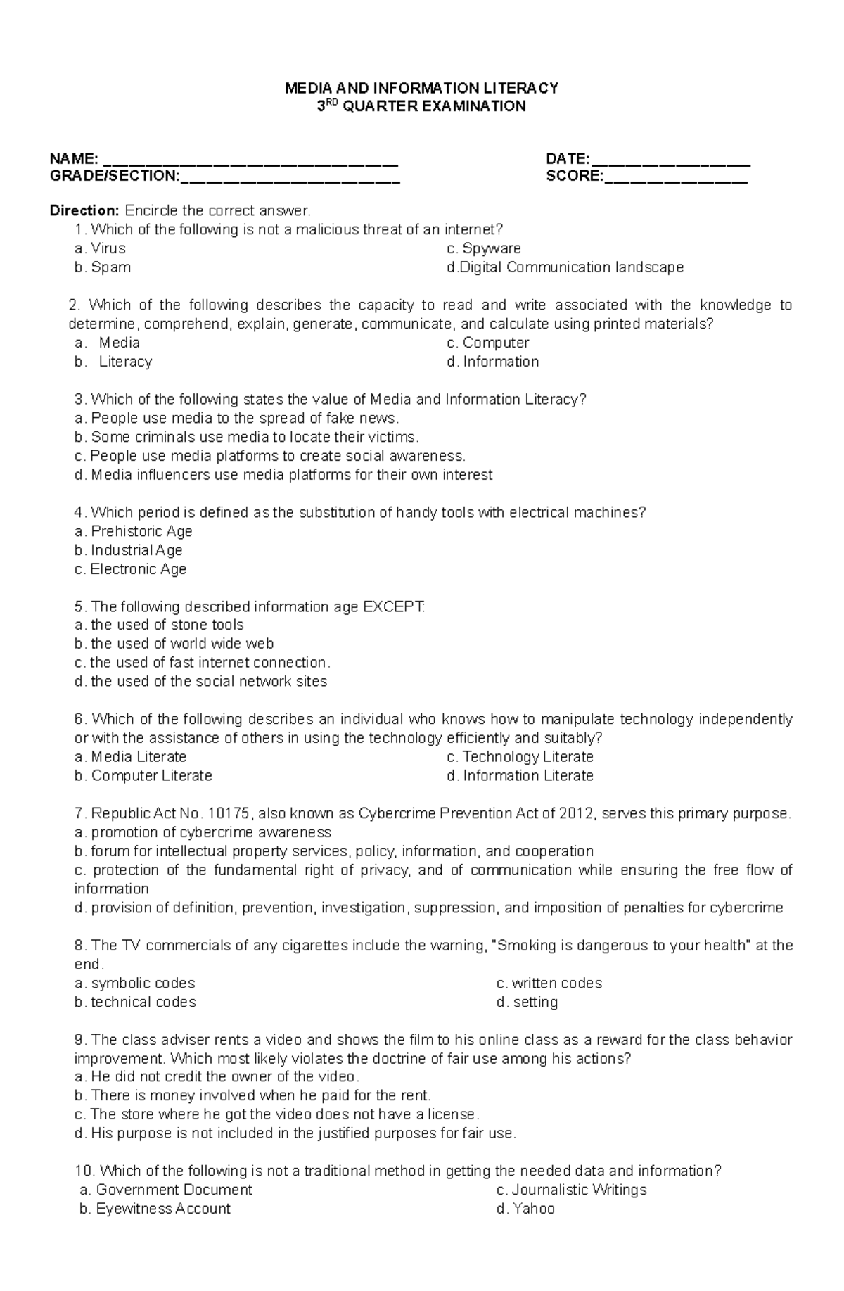 Summative TEST MIL 3RD Quarter - MEDIA AND INFORMATION LITERACY 3 RD ...