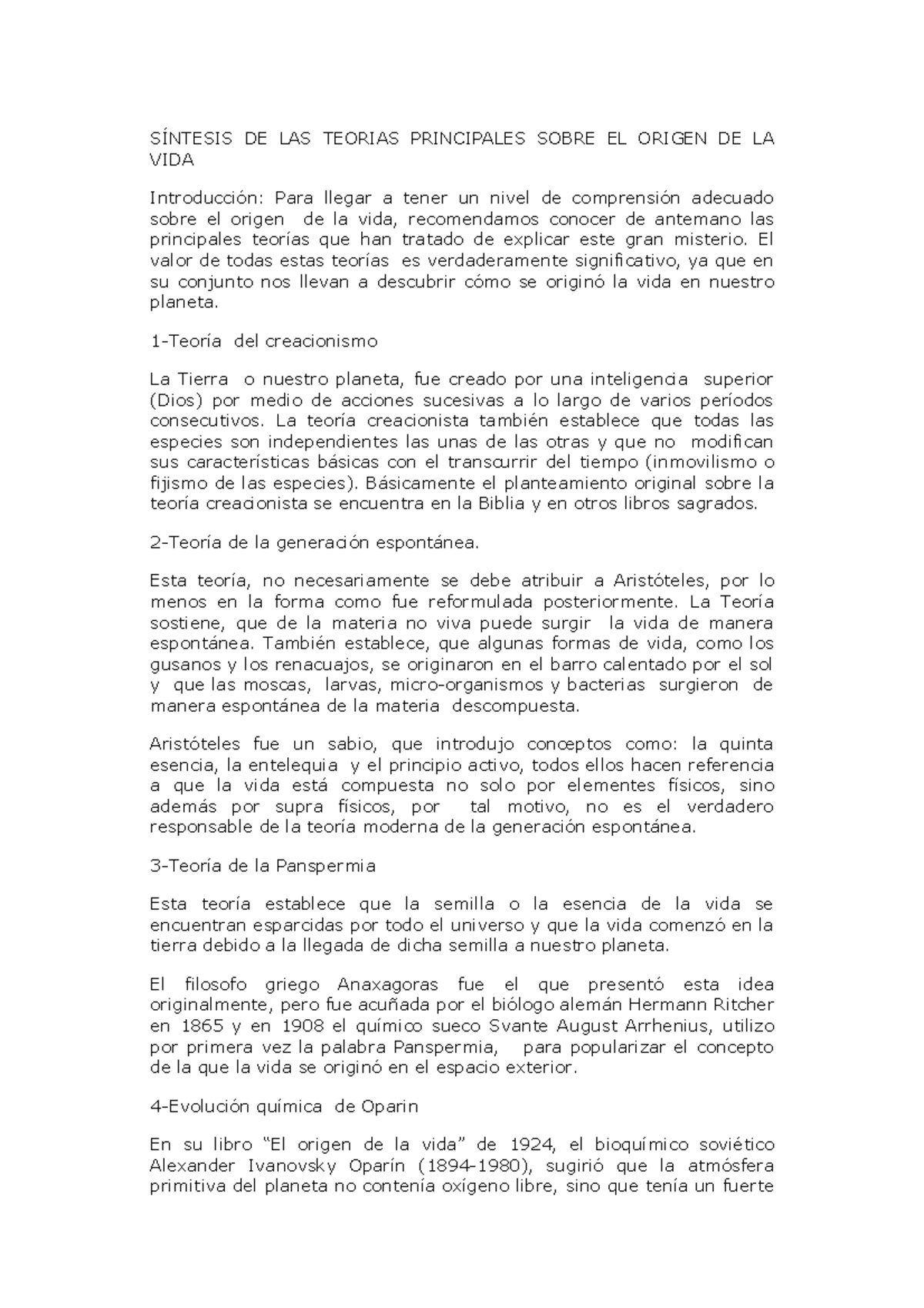 Teorias Principales Sobre EL Origen DE LA VIDA - SÍNTESIS DE LAS ...