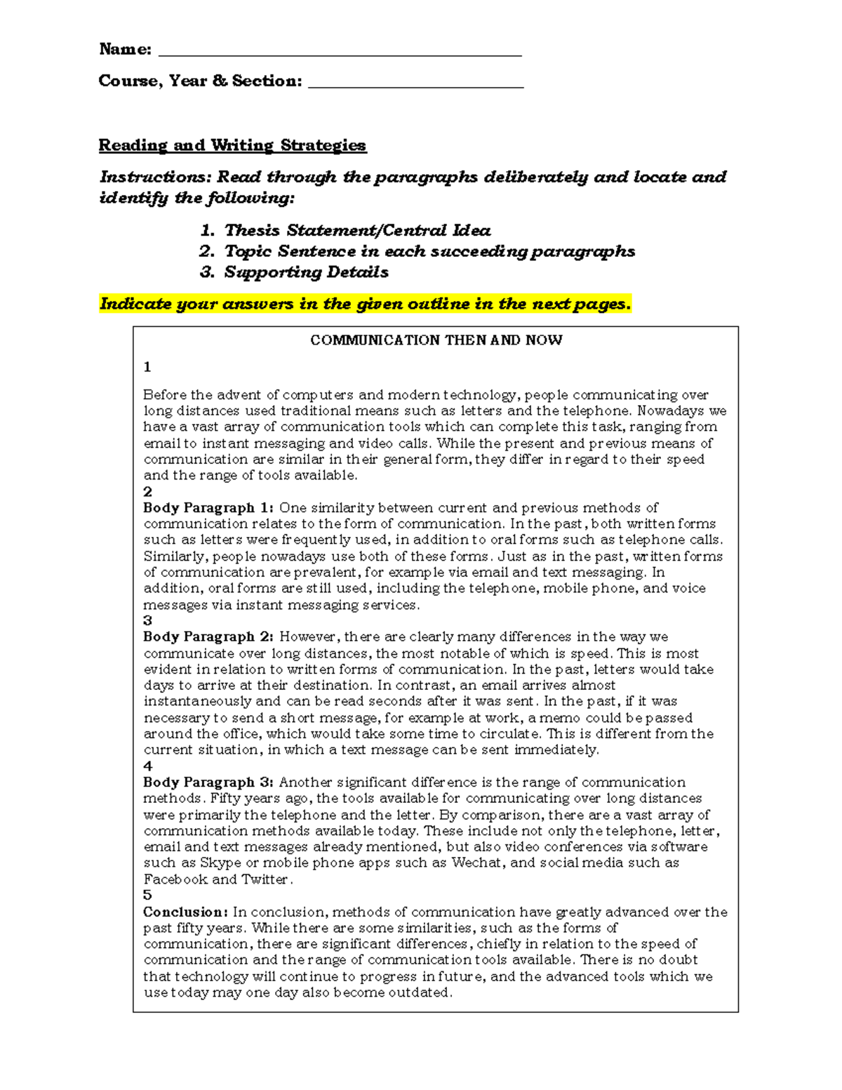 Reading and Writing Strategies Review Name