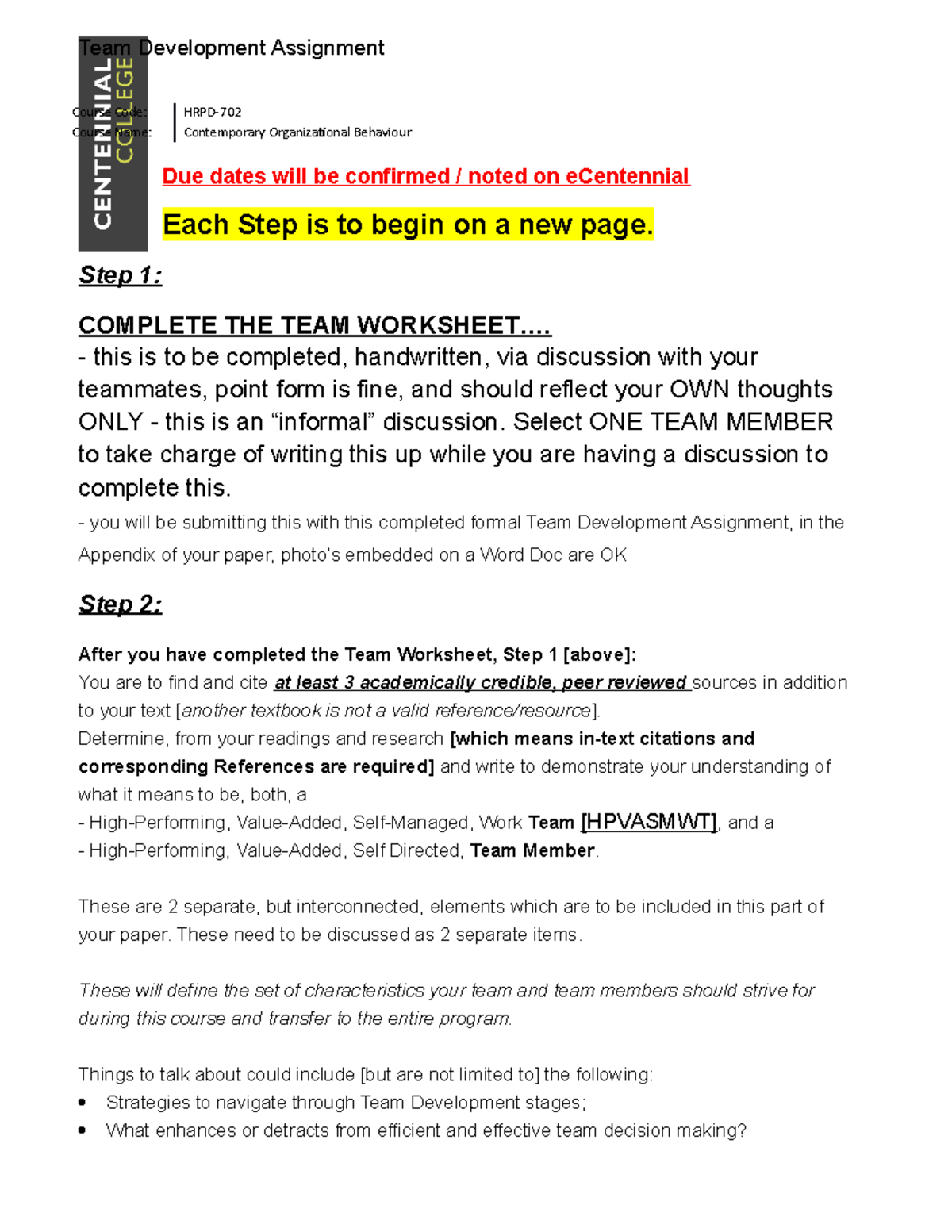 HRPD-702 - Team Development Assignment - Team Development Assignment ...