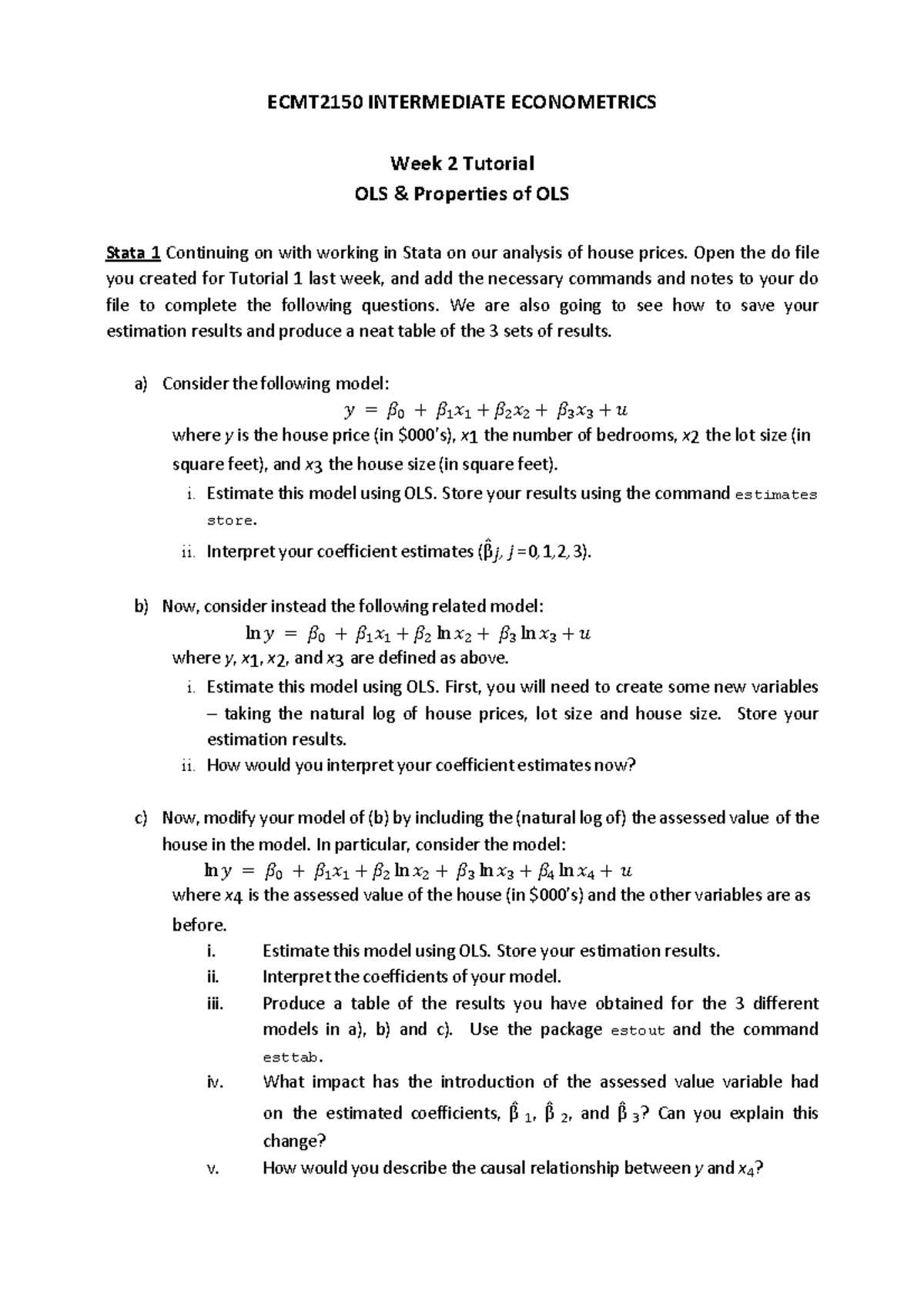 Week 2 Tutorial Tut 2 Ecmt2150 Intermediate Econometrics Week 2