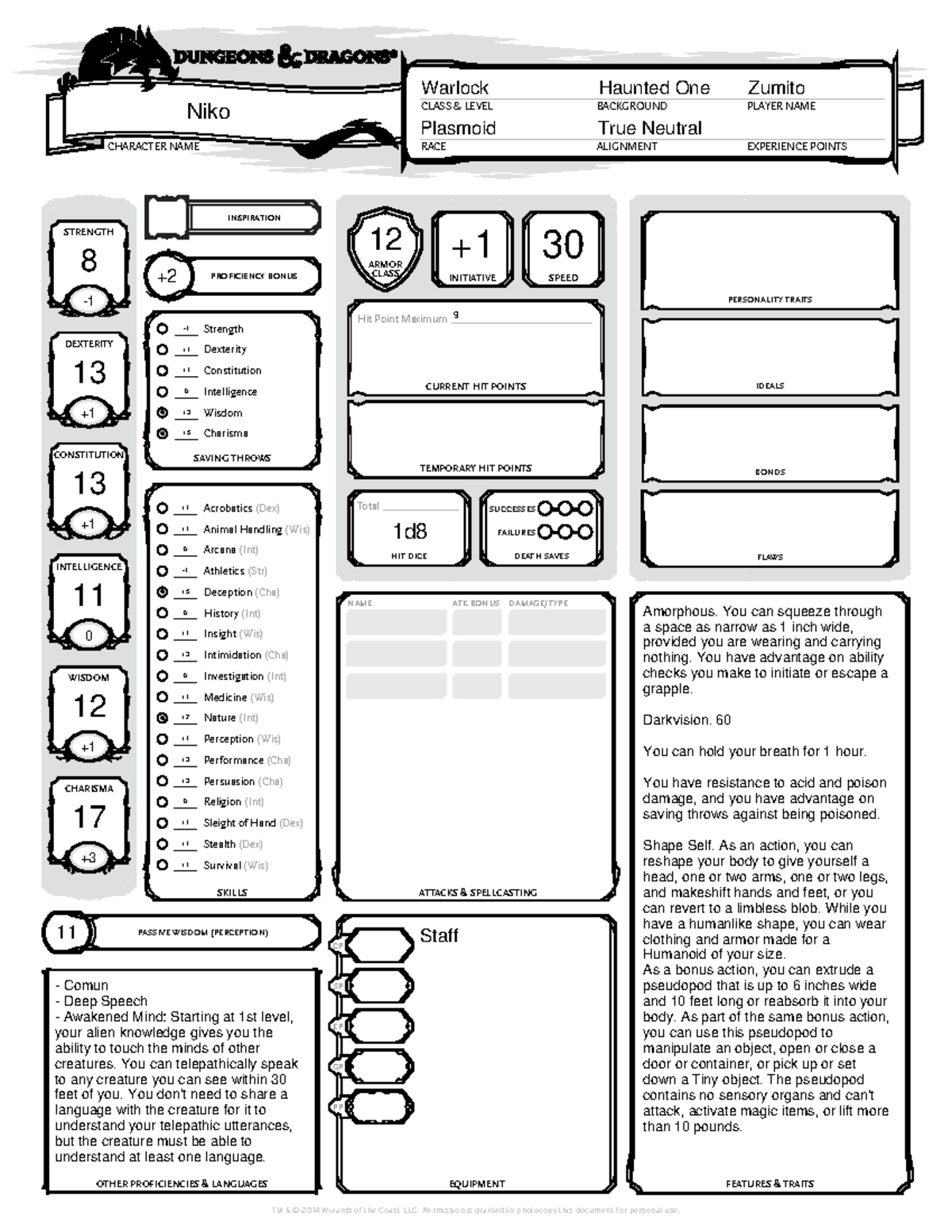 5E Character Sheet Fillable ver1 - RACE CLASS & LEVEL PLAYER NAME ...