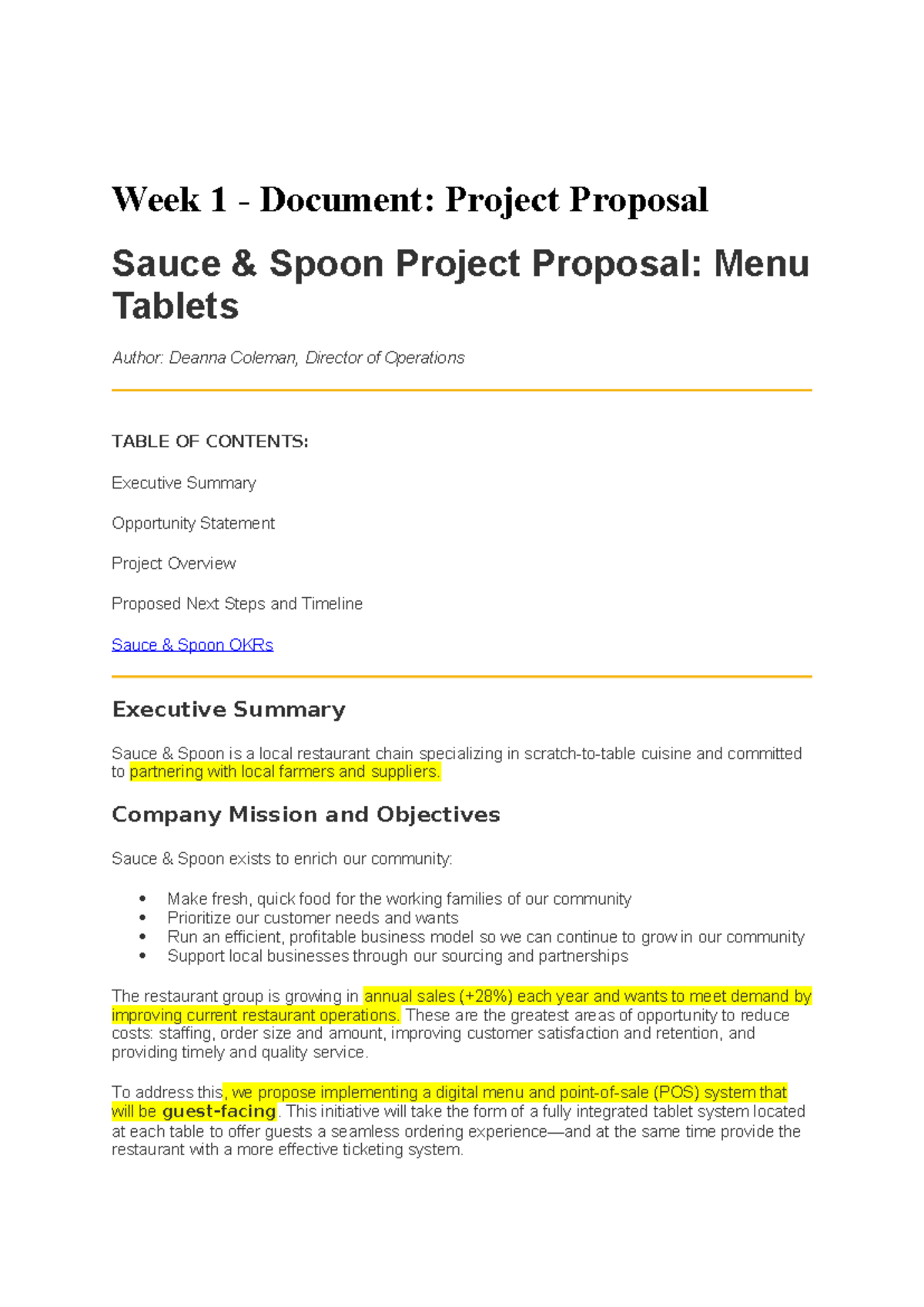 Week 1 Assignment Week 1 Document Project Proposal Sauce & Spoon Project Proposal Menu