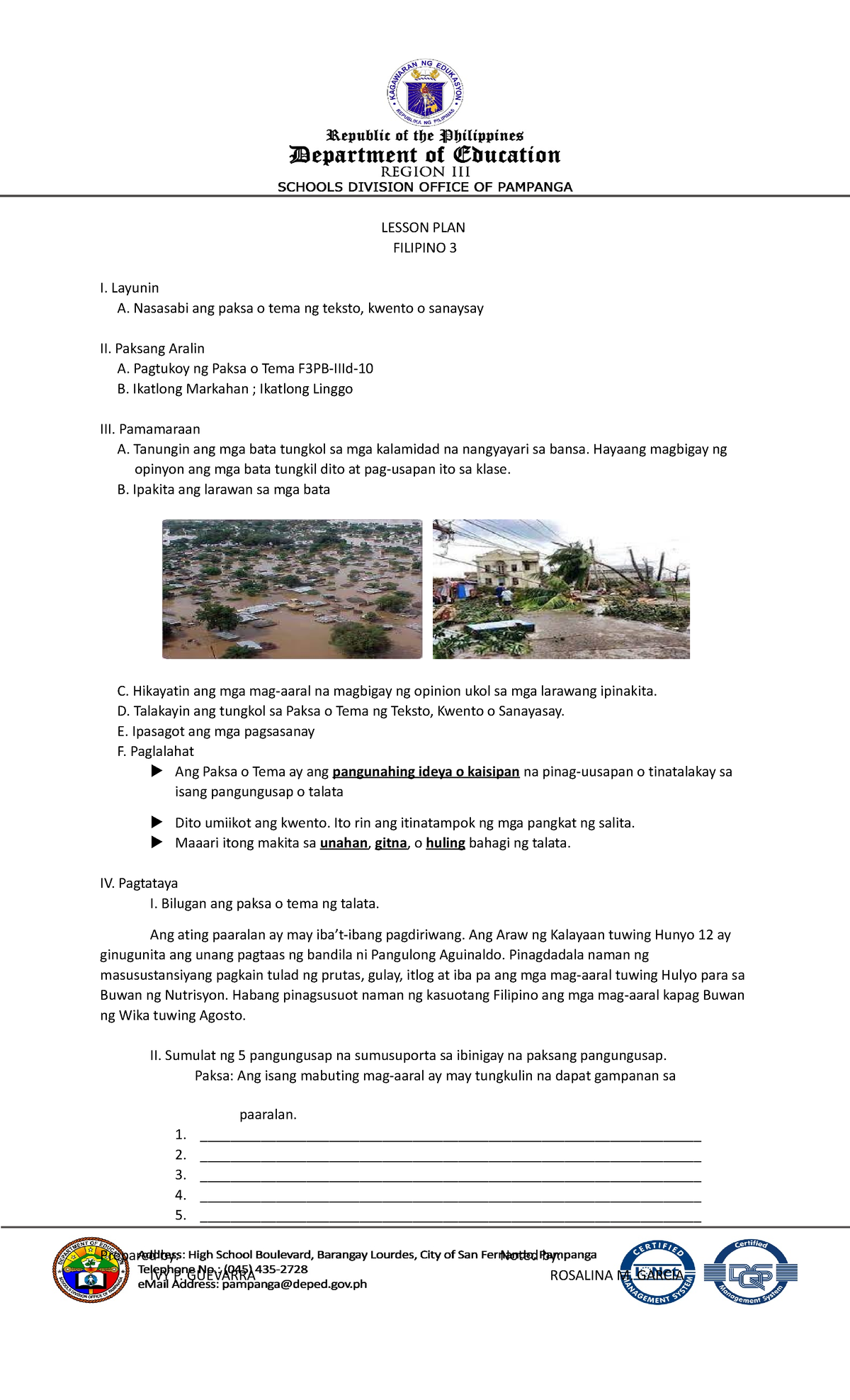 Cot Filipino March 16 2021 Lesson Plan Filipino 3 I Layunin A Nasasabi Ang Paksa O Tema Ng 0455