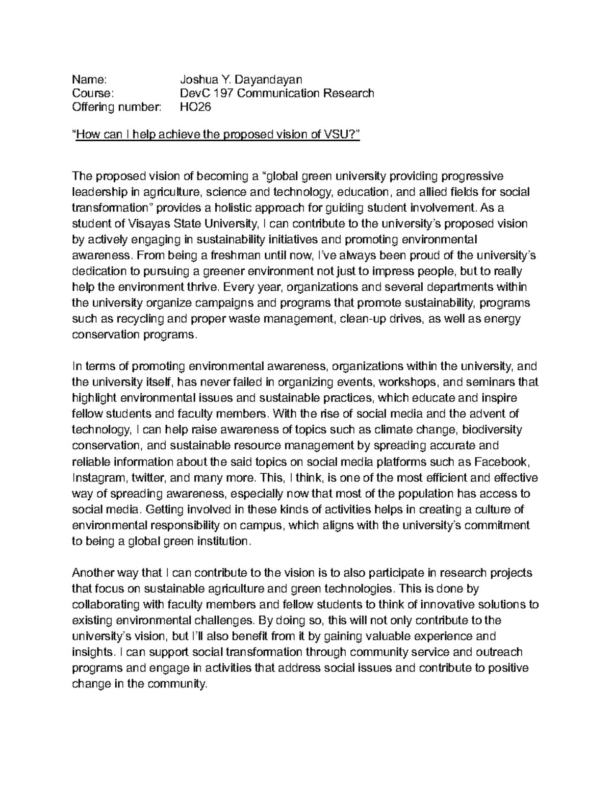 How can I help achieve the university's proposed vision? - Name: Joshua ... image.