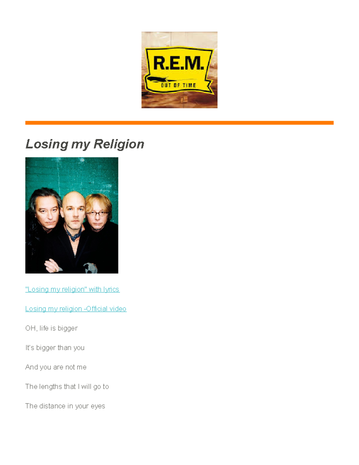 IPA Transcription with songs REM Losing my Religion "Losing my religion" with lyrics Studocu