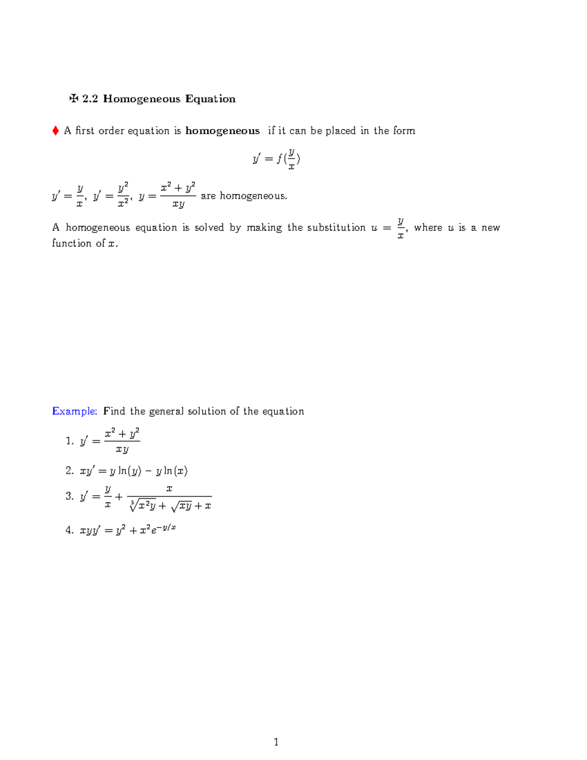 MATH 1005 notes - Week 2 - z 2 Homogeneous Equation A first order ...