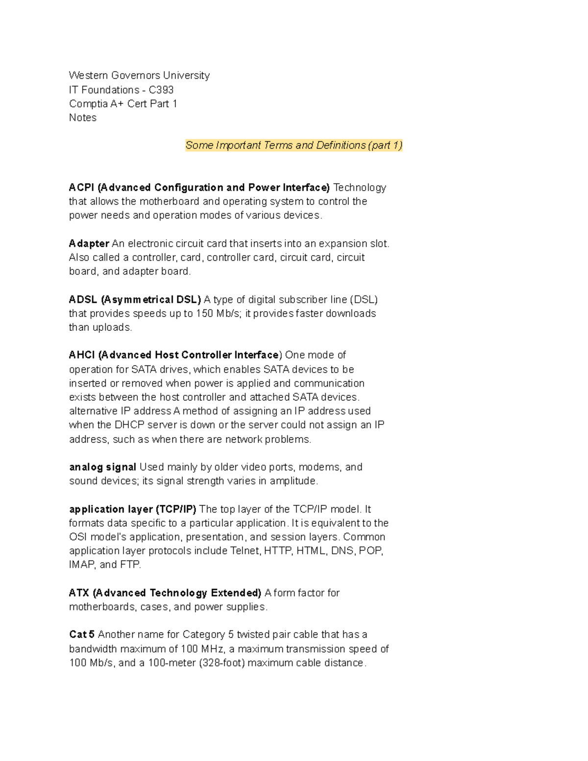 Key Terms and Definitions - Western Governors University IT Foundations ...
