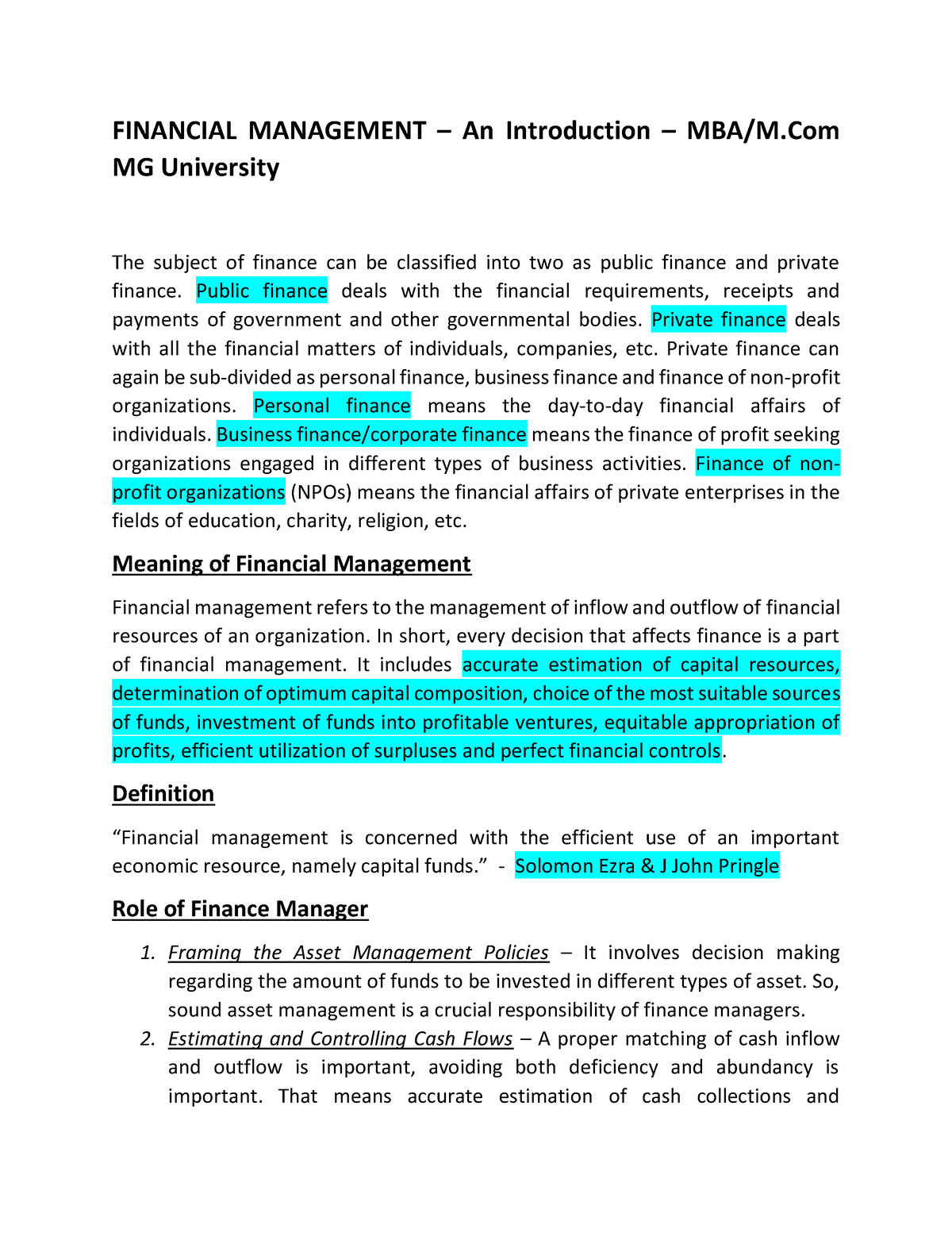 introduction for financial management assignment