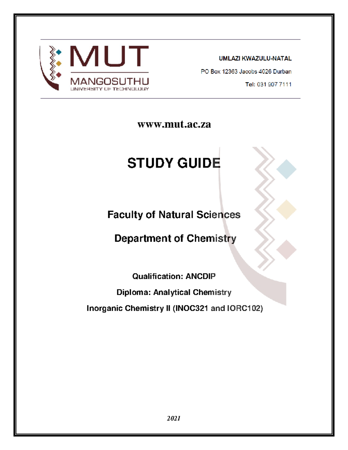 Inorganic Chemistry II Study Guide - 2021 mut.ac STUDY GUIDE Faculty of ...