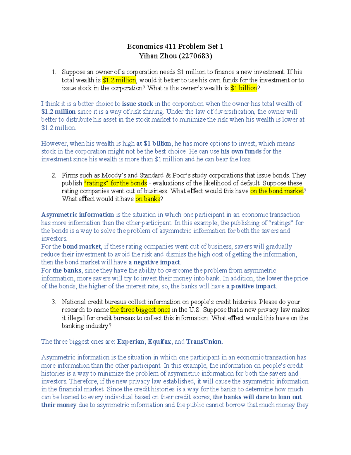 Economics 411 Problem Set 1 - Economics 411 Problem Set 1 Yihan Zhou ...