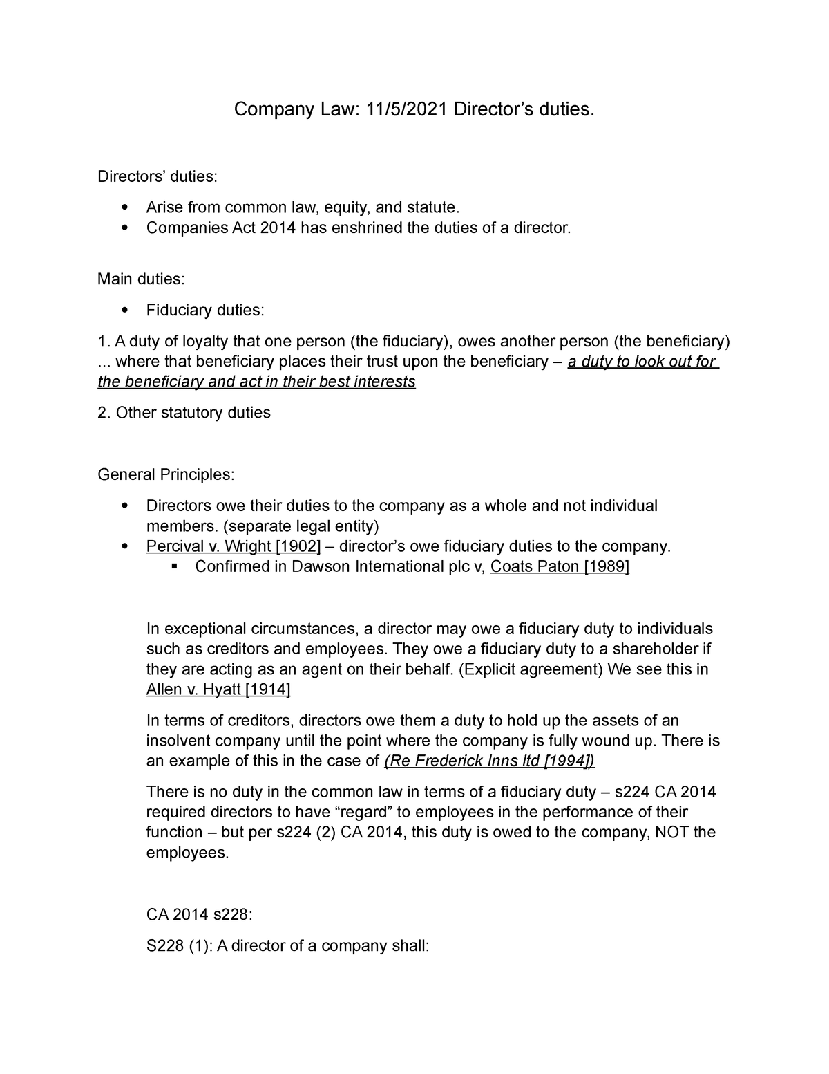 Company Law - Directors Duties - Company Law: 11/5/2021 Director’s ...