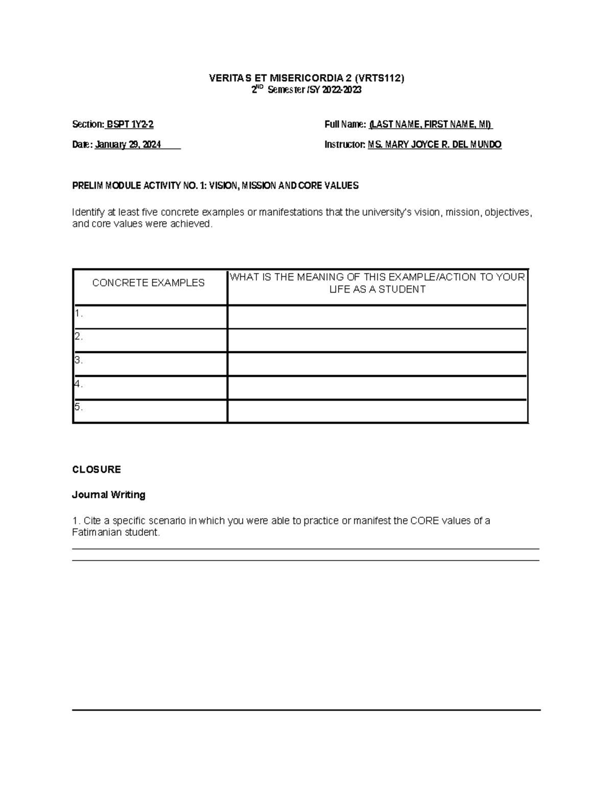 Template VRTS112 Module Act No 1-1 - VERITAS ET MISERICORDIA 2 (VRTS112 ...