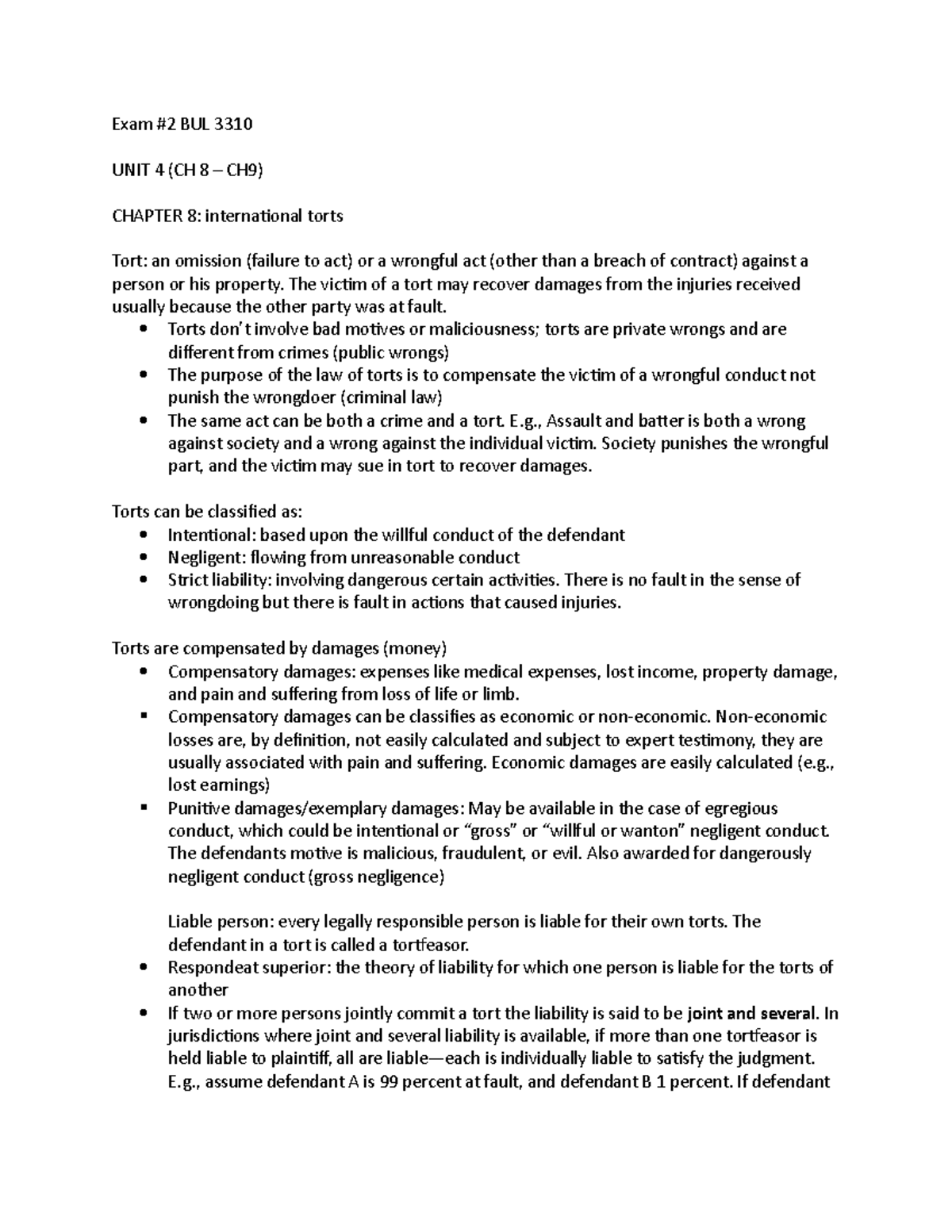 Exam 2 - UNITS 1- 3 - Exam #2 BUL 3310 UNIT 4 (CH 8 – CH9) CHAPTER 8 ...