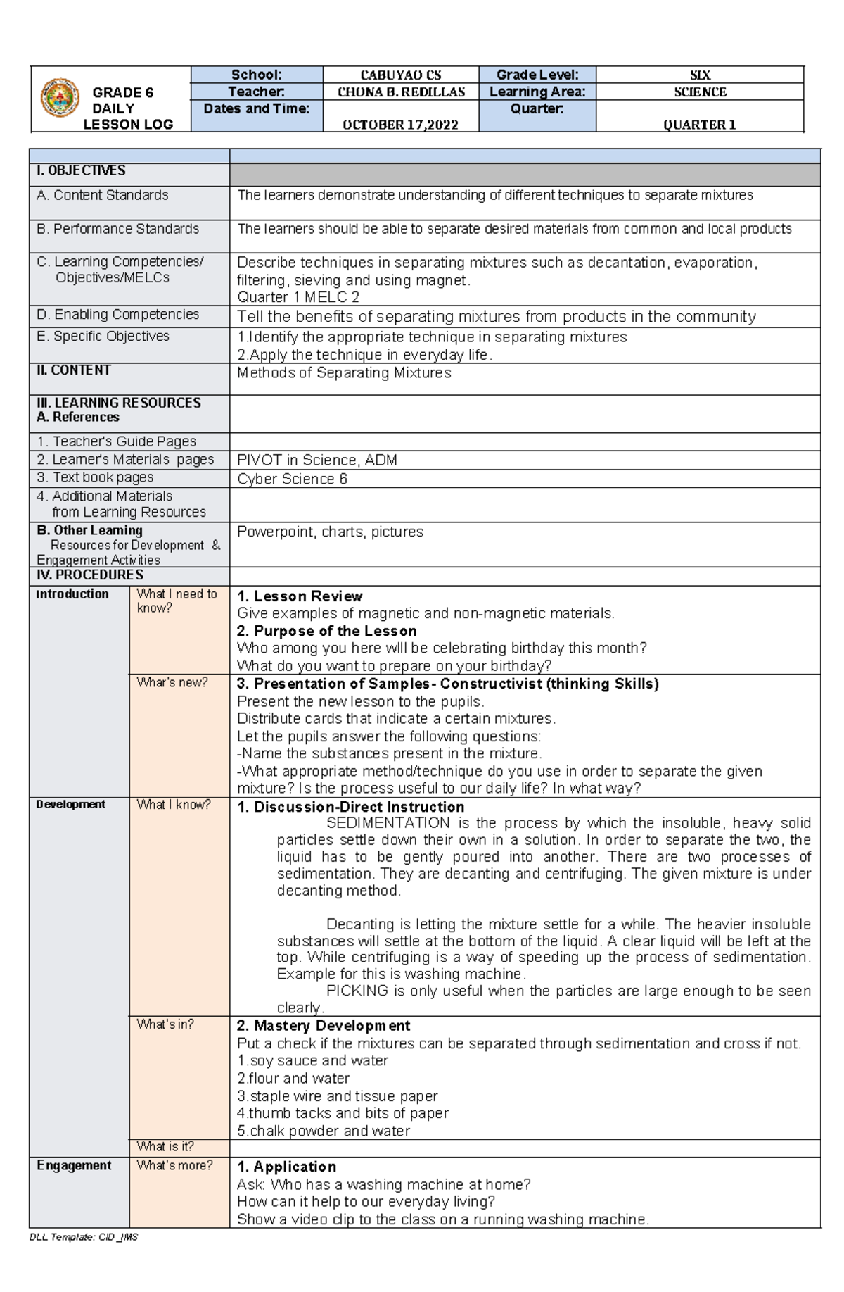 Science-week-9 - education - GRADE 6 DAILY LESSON LOG School: CABUYAO ...
