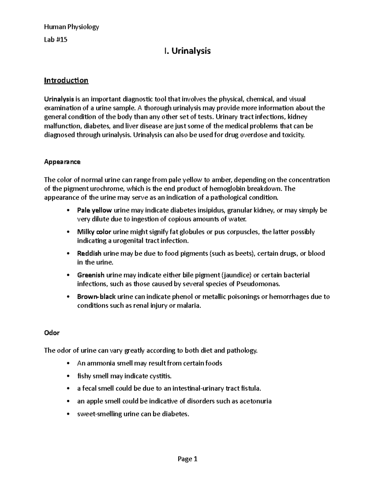 Lab 15 Urinalysis Lab report. Lab I. Urinalysis Introduction