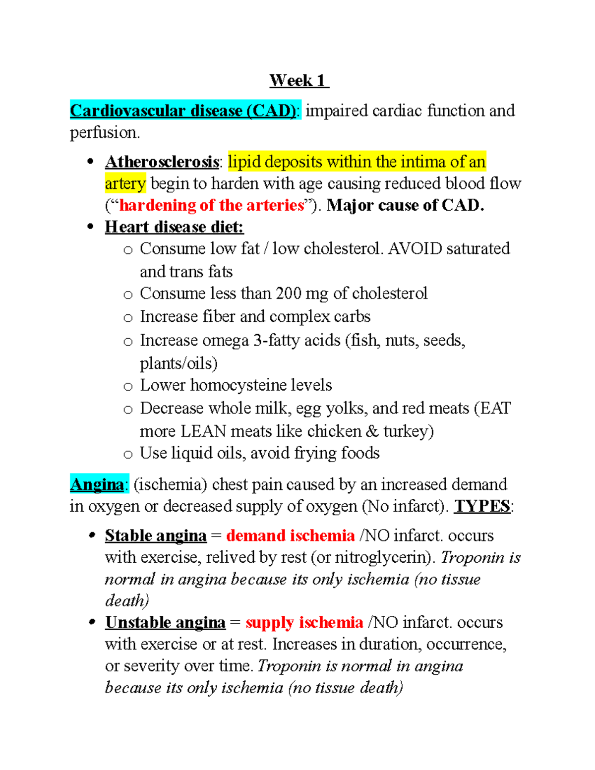 Week 1 - CAD, angina vs MI notes for exam 1 - Week 1 Cardiovascular ...