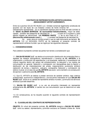 Contrato Representacion Artistica - CONTRATO DE REPRESENTACIÓN ARTISTICA  MUNDIAL (MANAGEMENT ARTIST - Studocu