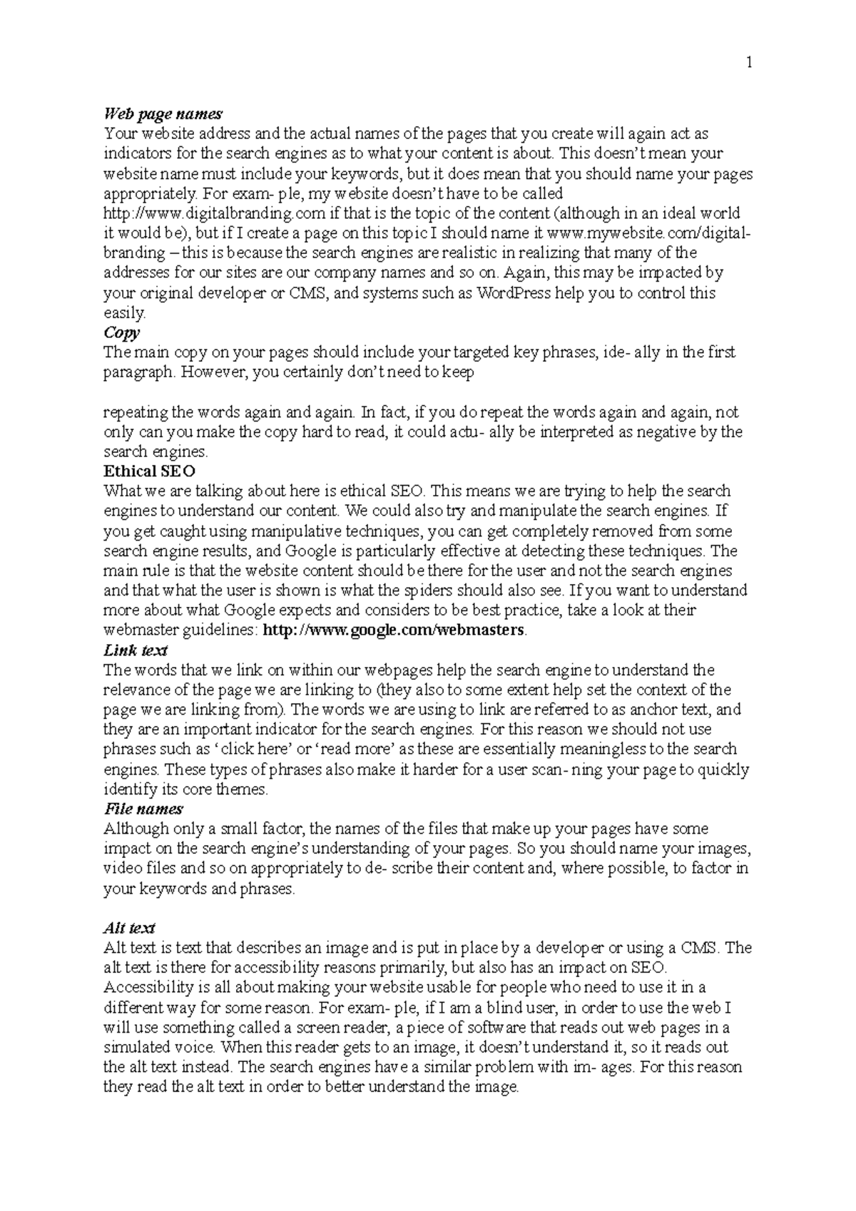 Notes-3 - On page optimisation-2 - 1 Web page names Your website ...