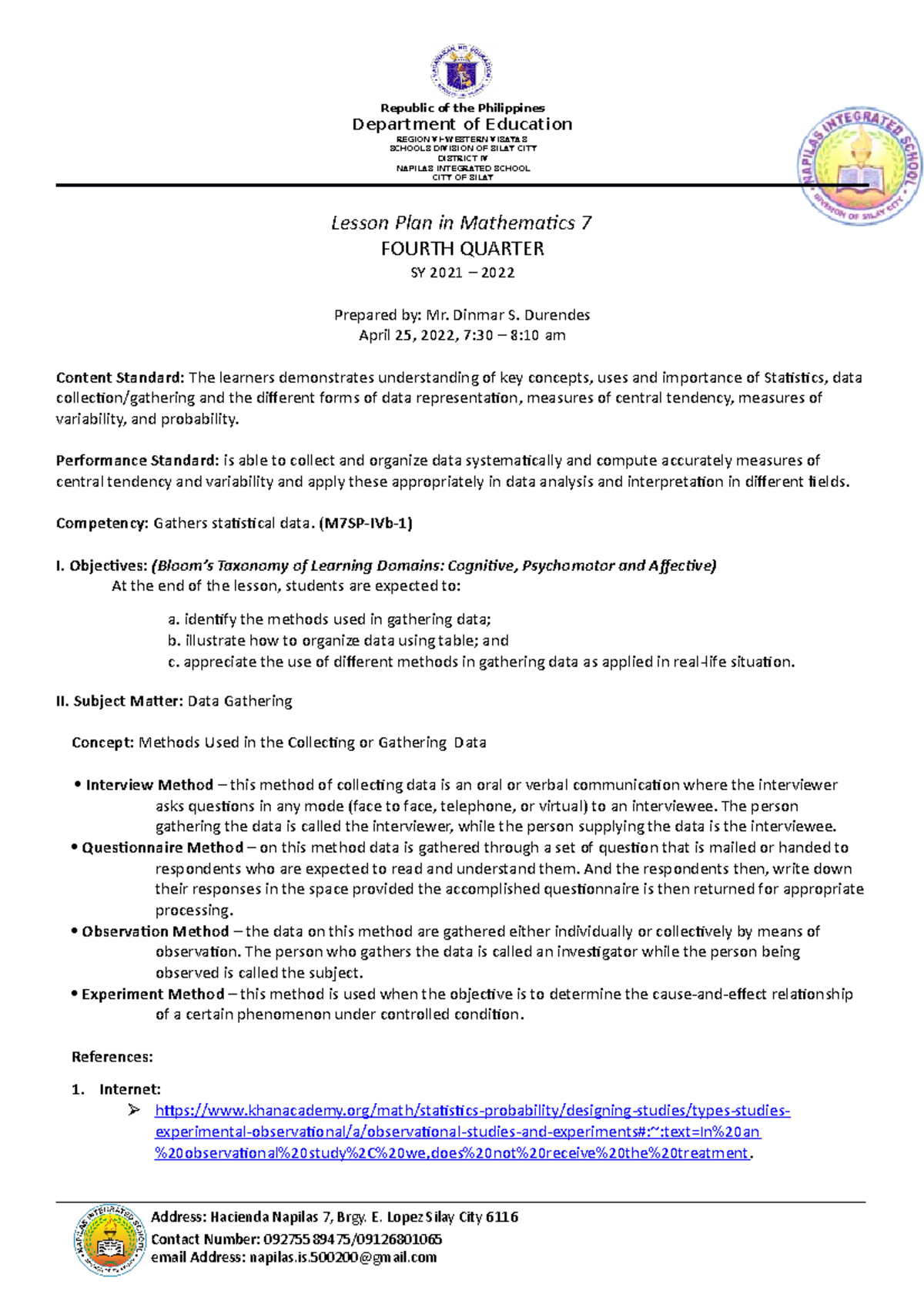 MATH 7 4th 2021 2022 - An example of detailed lesson plan for math 7 ...