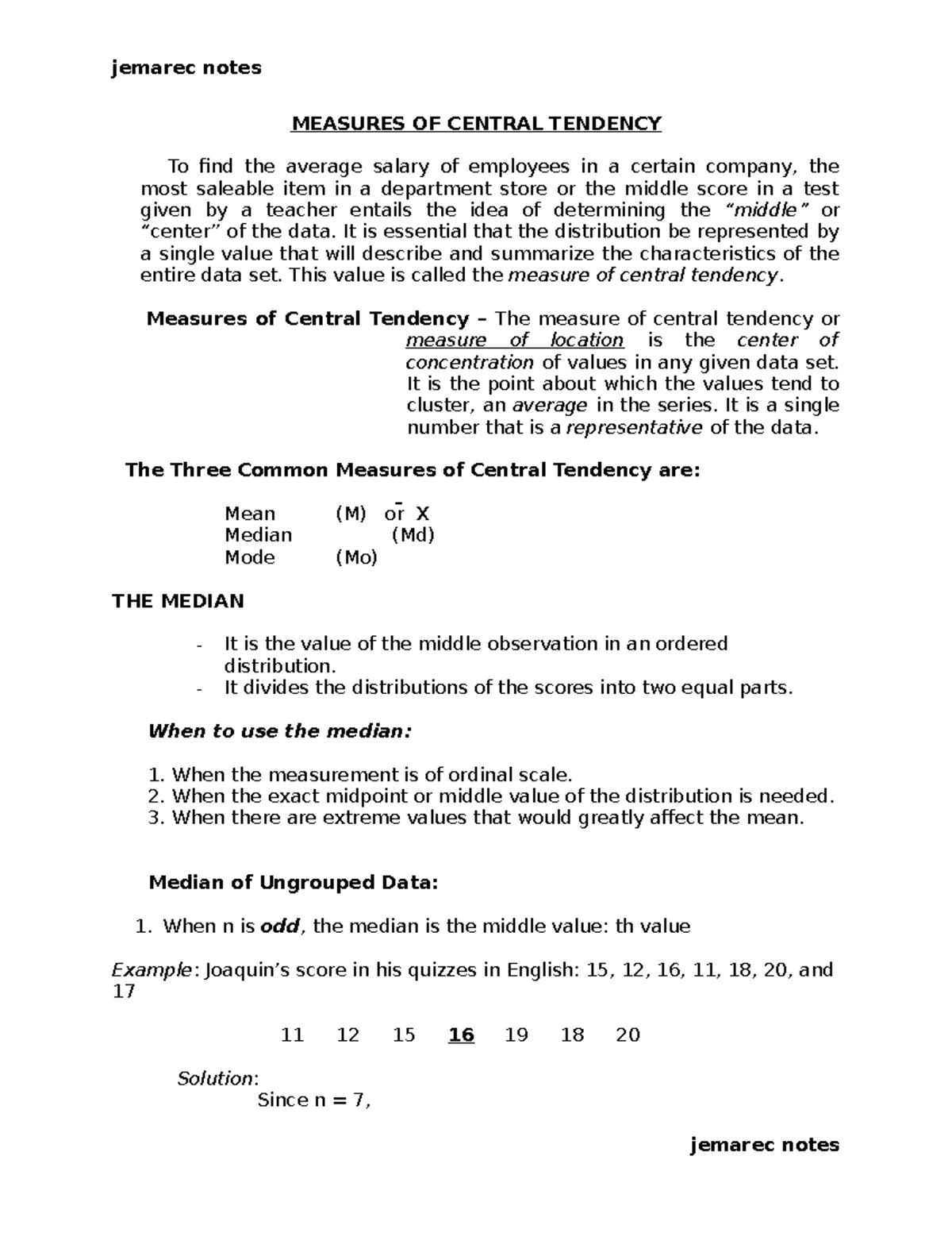 Measures OF Central Tendency - The Median ( Statistics and Probability ...