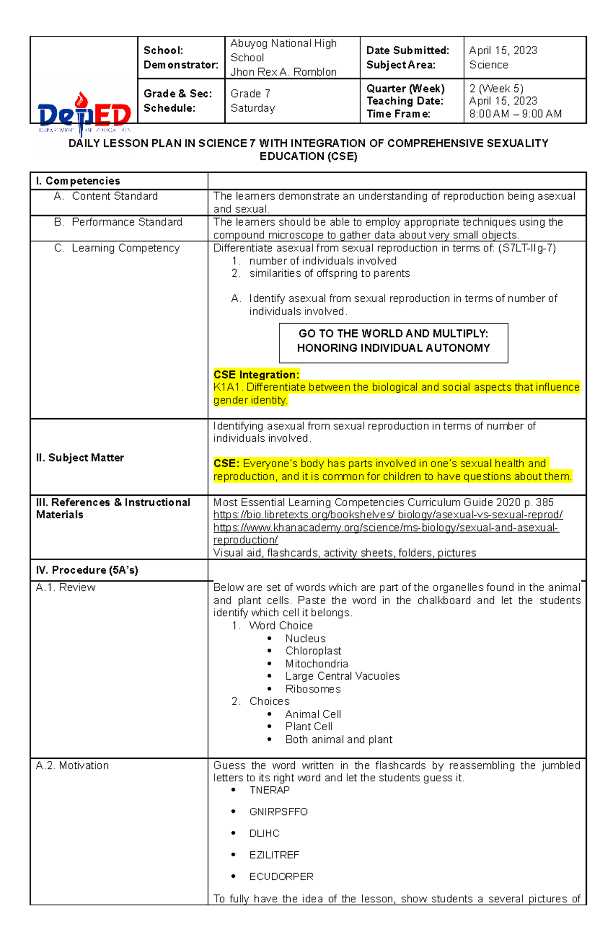 [Revised Lesson Plan] SCI115 - Saturday Demo - School: Demonstrator ...