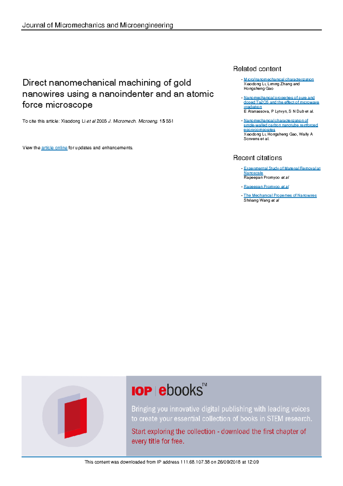 Direct nanomechanical machining of gold - Journal of Micromechanics and ...
