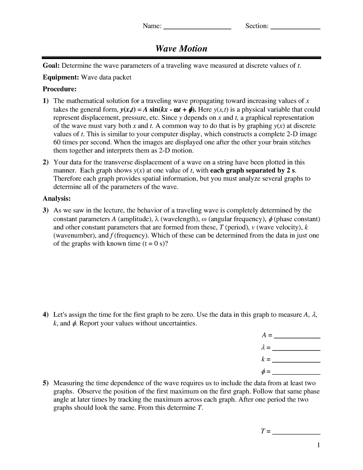 Wave calculations worksheet 12 13 - Name Wave Calculations Speed of a wave  = wavelength x frequency - Studocu