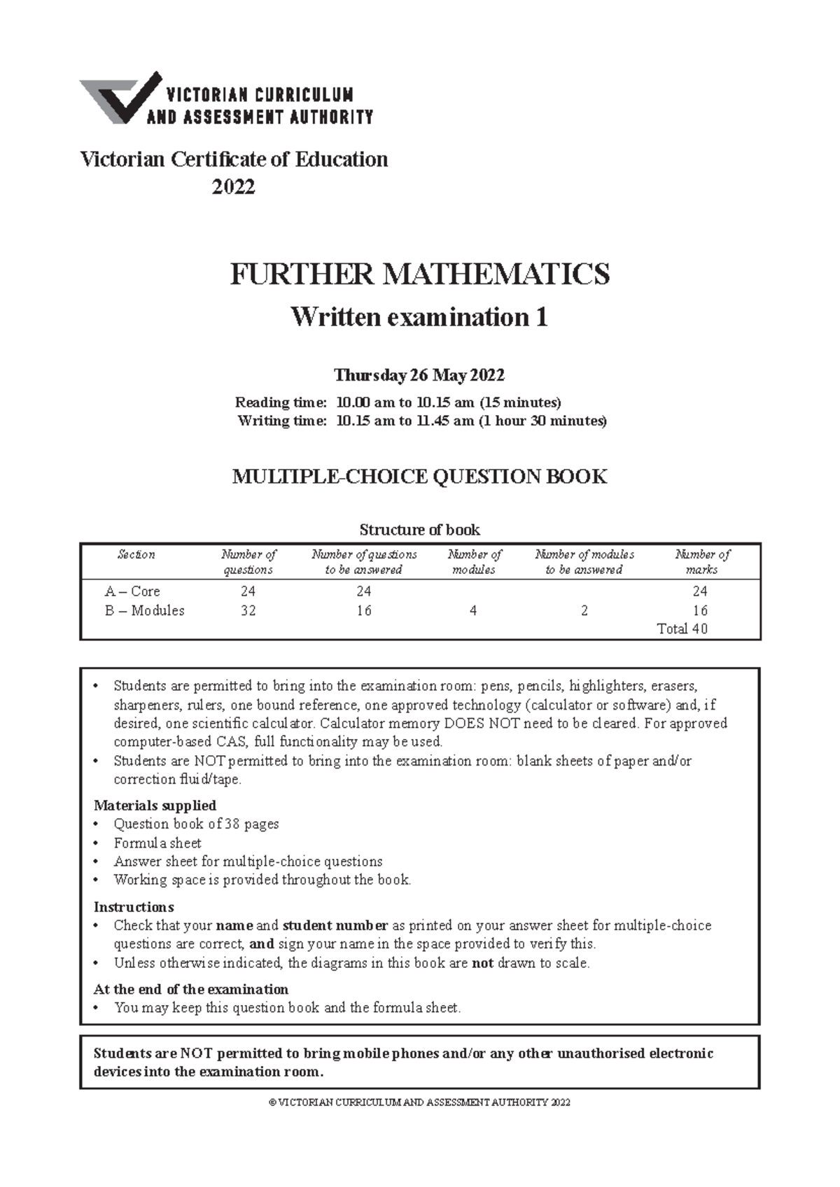 2022furmath 1-NHT-w copy - FURTHER MATHEMATICS Written examination 1 ...