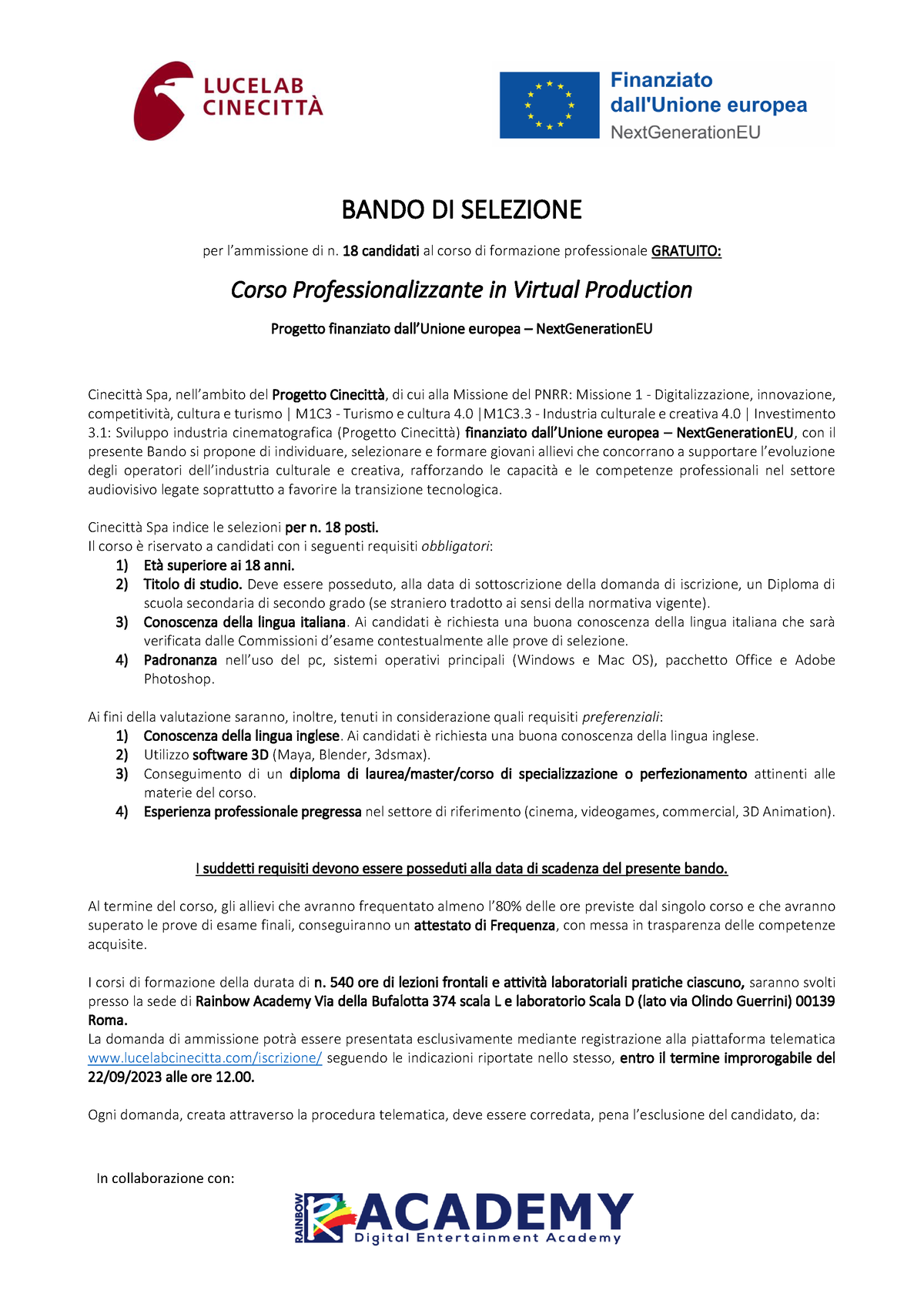 Bando-Virtual-Production - BANDO DI SELEZIONE Per L’ammissione Di N. 18 ...