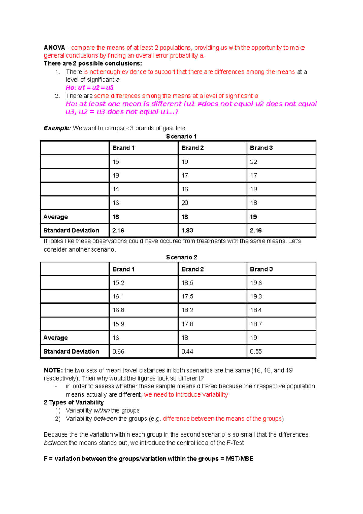 24 Anova (Analysis of Variance) ANOVA compare the means of at