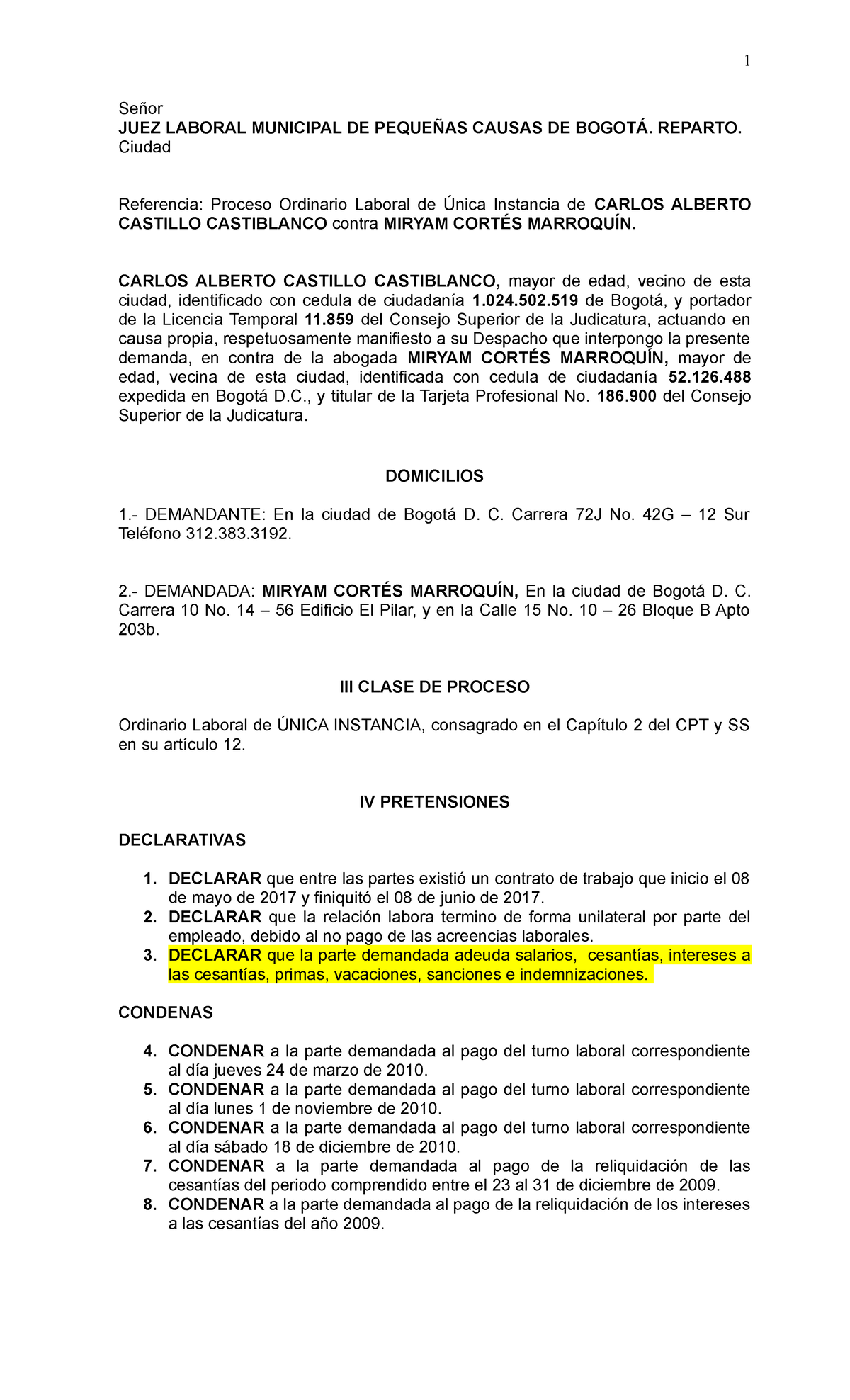 Demanda Laboral - Señor JUEZ LABORAL MUNICIPAL DE PEQUEÑAS CAUSAS DE ...