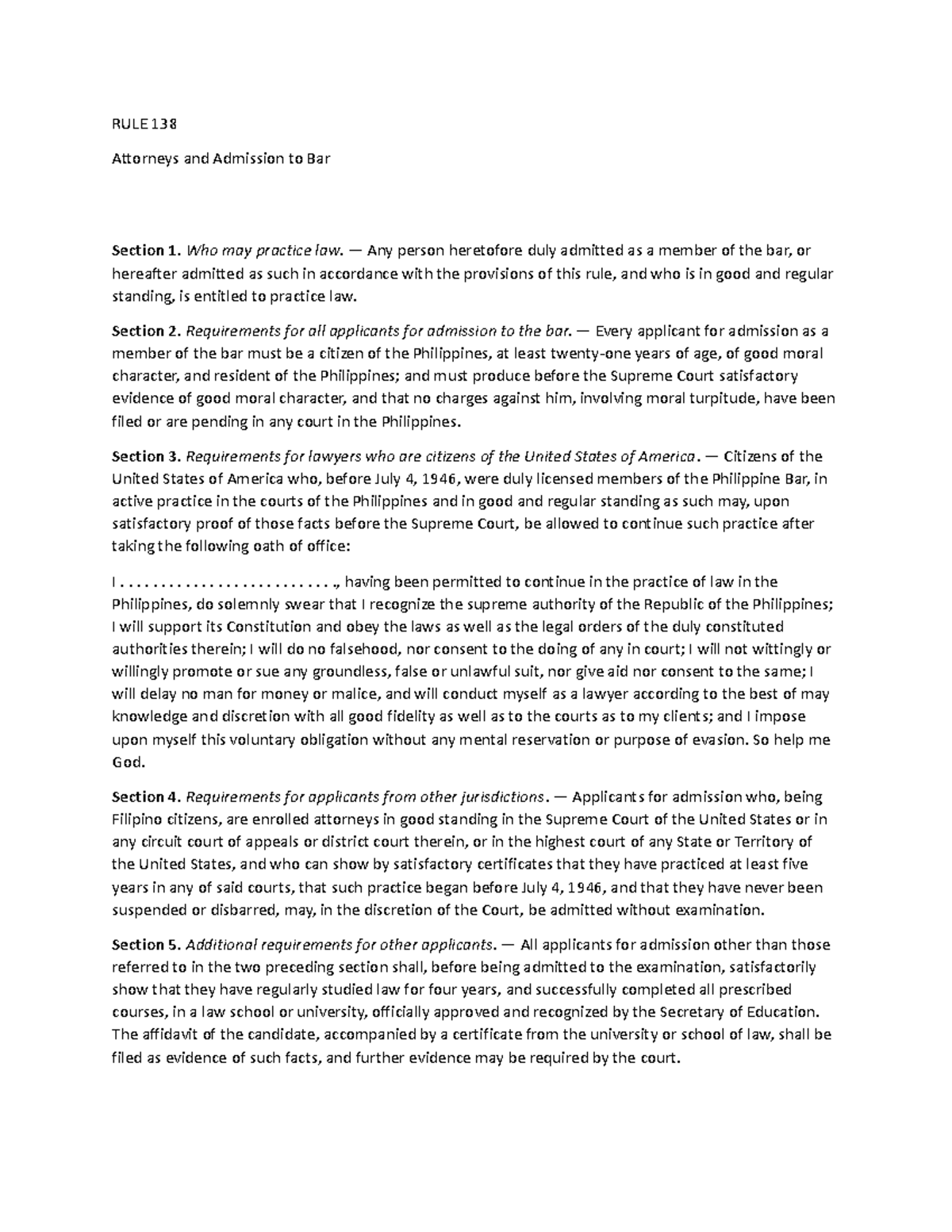 RULE 138 ROC - none - RULE 138 Attorneys and Admission to Bar Section 1 ...