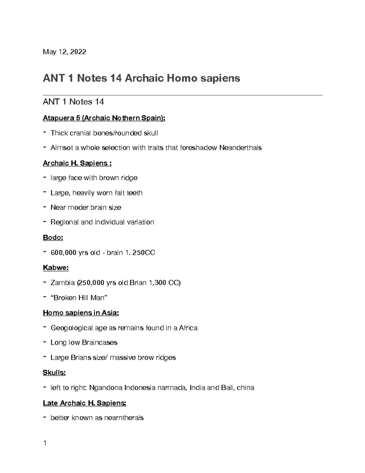 ANT 1 Notes 14 Archaic Homo Sapiens - May 12, 2022 ANT 1 Notes 14 ...