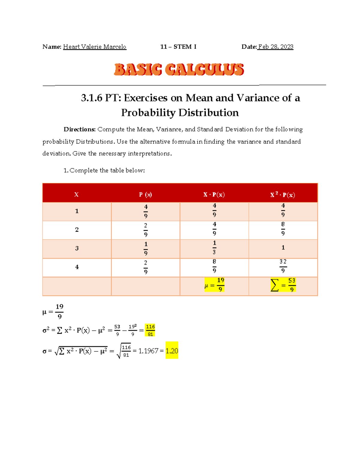 3 1 6 pt exercises on mean and variance of a probability distribution