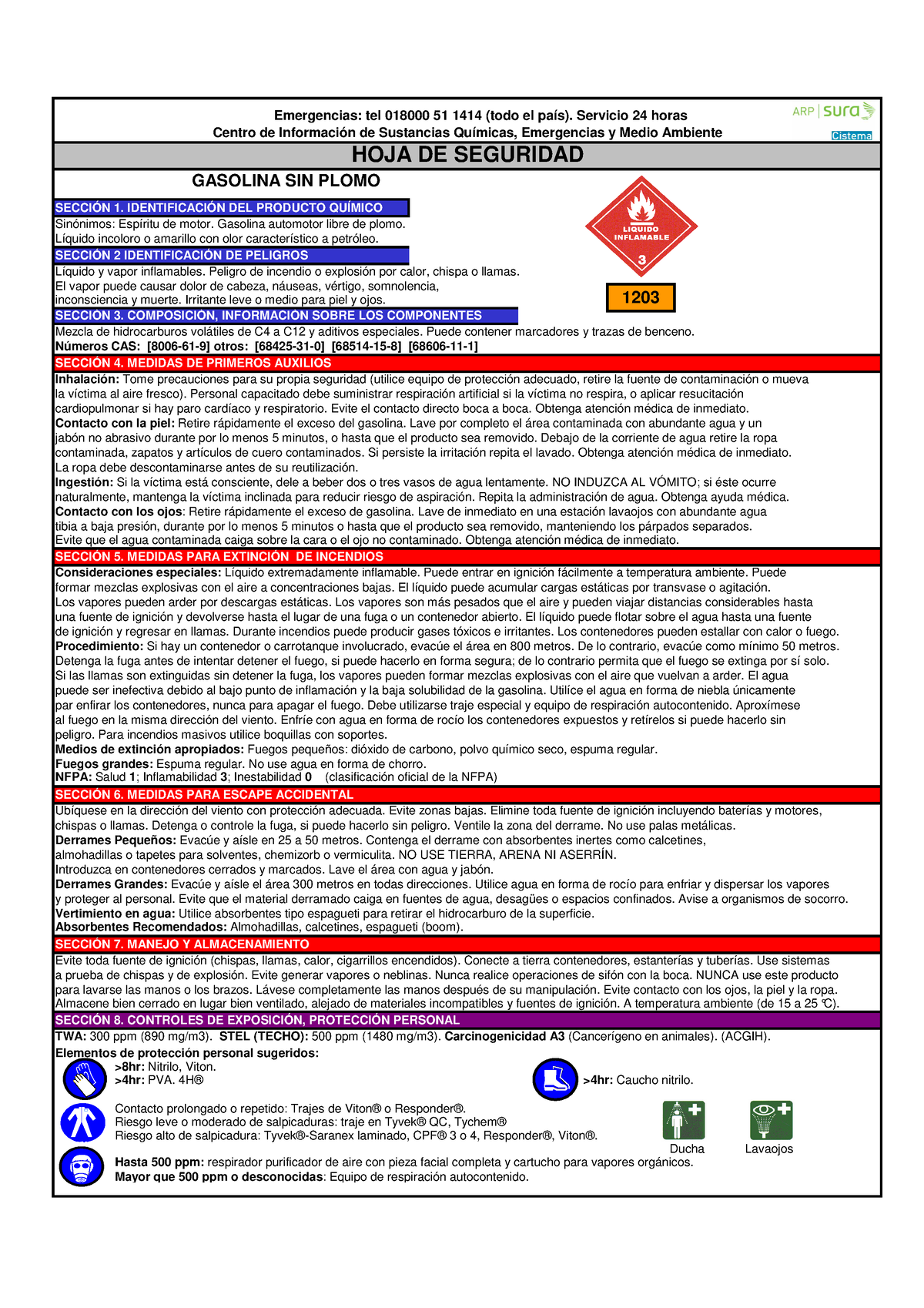 Hoja De Seguridad Gasolina SecciÓn 1 IdentificaciÓn Del Producto QuÍmico Sinónimos Espíritu 4780