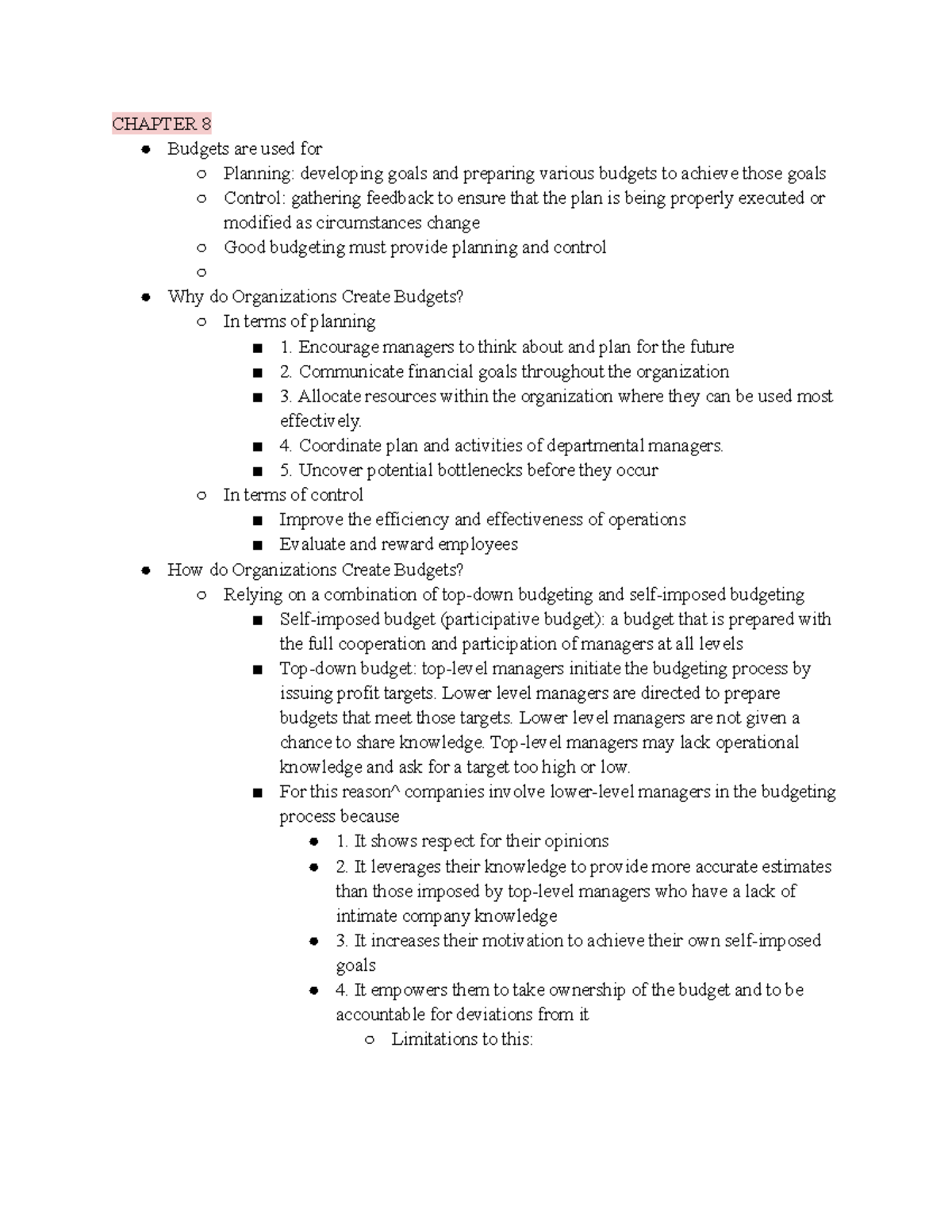 ACC 2203 Textbook Notes - CHAPTER 8 Budgets are used for Planning ...