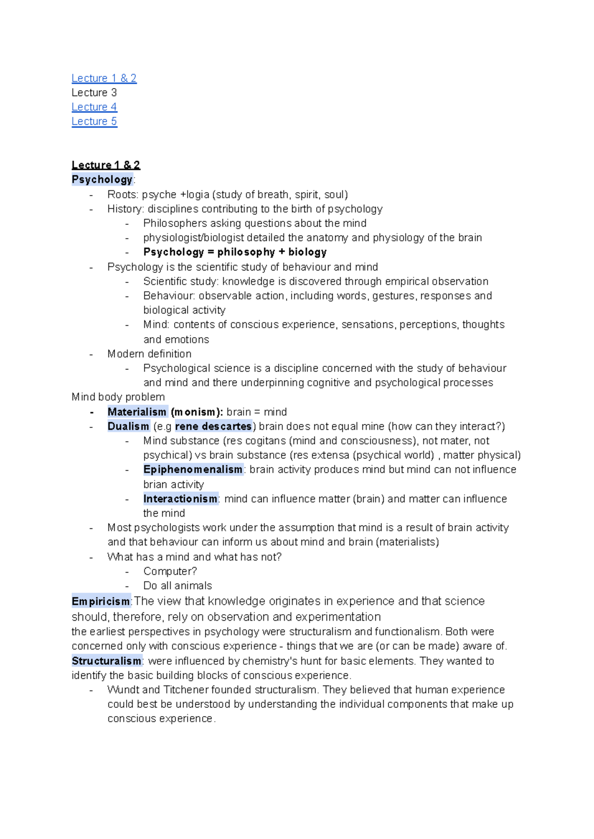 Psych 100 Notes - Lecture 1 & 2 Lecture 3 Lecture 4 Lecture 5 Lecture 1 ...